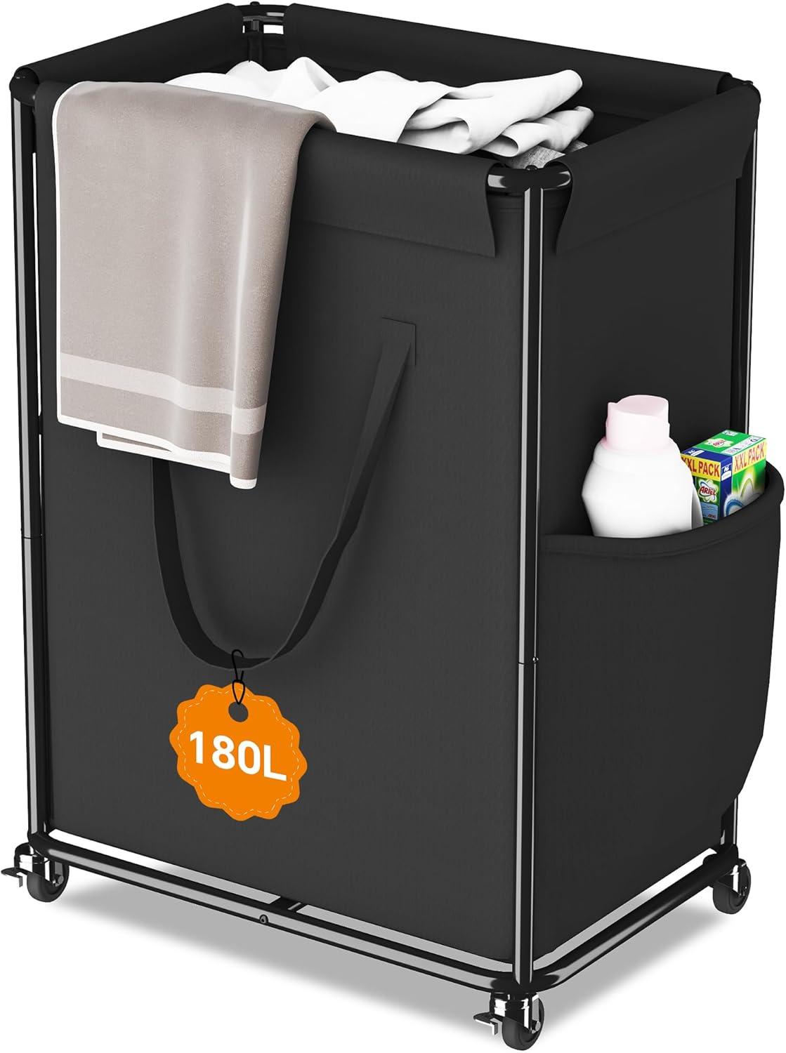 imageHomeiju 180L Large Laundry Hamper with Wheels Rolling Laundry Basket with Metal Frame and Removable Bag Design Dirty Clothes Laundry Cart for Bathroom Dorm Room Laundry Room Black