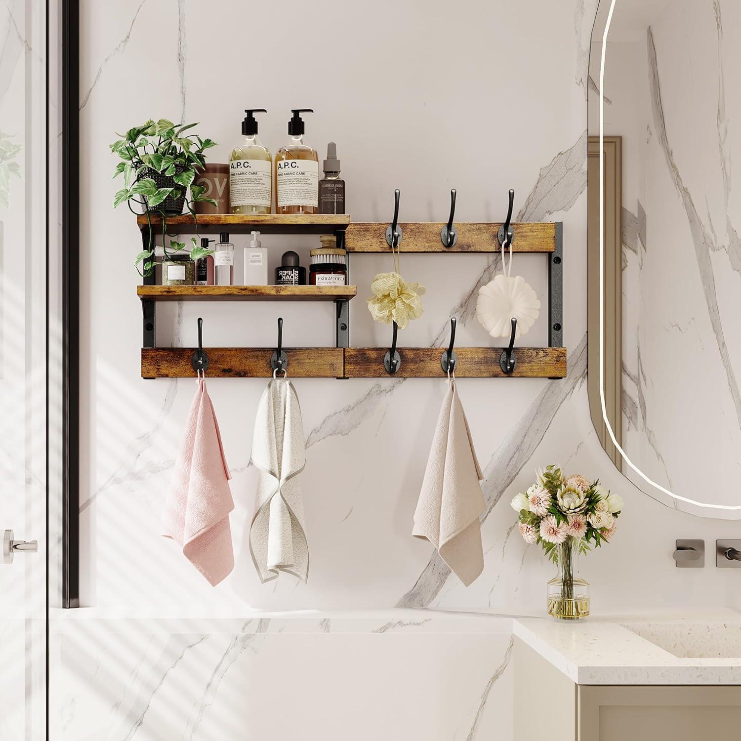 imageHomeiju 287quot Coat Rack Wall Mount with Shelf Key Hooks for Wall with Shelf Coat Hooks Wall Mounted with 6 Heavy Duty Double Hooks for BedroomLiving Room Rustic Brown8 Hooks