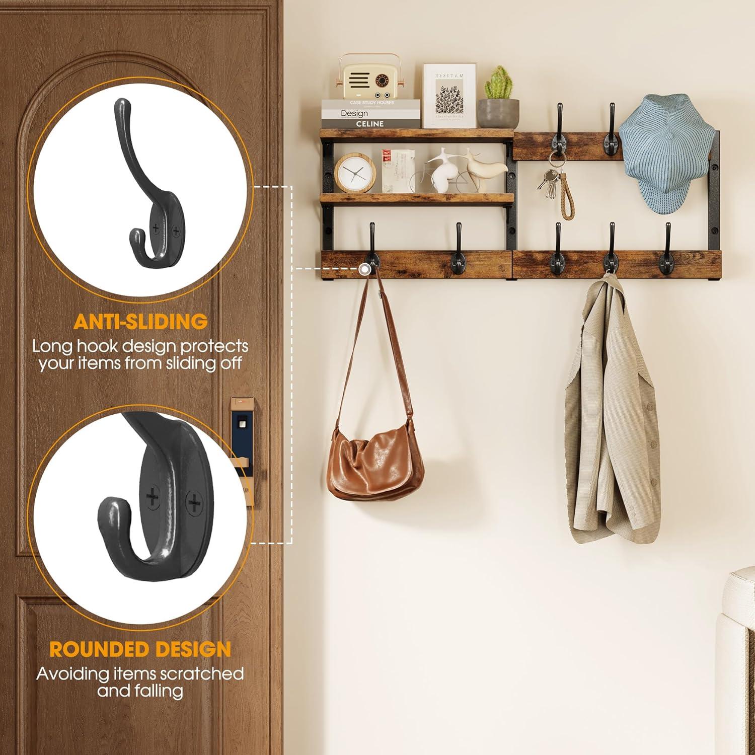 imageHomeiju 287quot Coat Rack Wall Mount with Shelf Key Hooks for Wall with Shelf Coat Hooks Wall Mounted with 6 Heavy Duty Double Hooks for BedroomLiving Room Rustic Brown8 Hooks