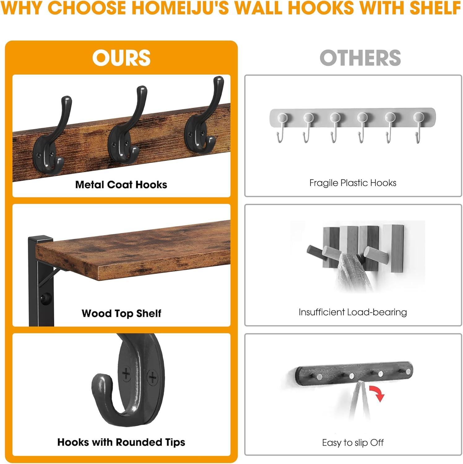 imageHomeiju 287quot Coat Rack Wall Mount with Shelf Key Hooks for Wall with Shelf Coat Hooks Wall Mounted with 6 Heavy Duty Double Hooks for BedroomLiving Room Rustic Brown8 Hooks