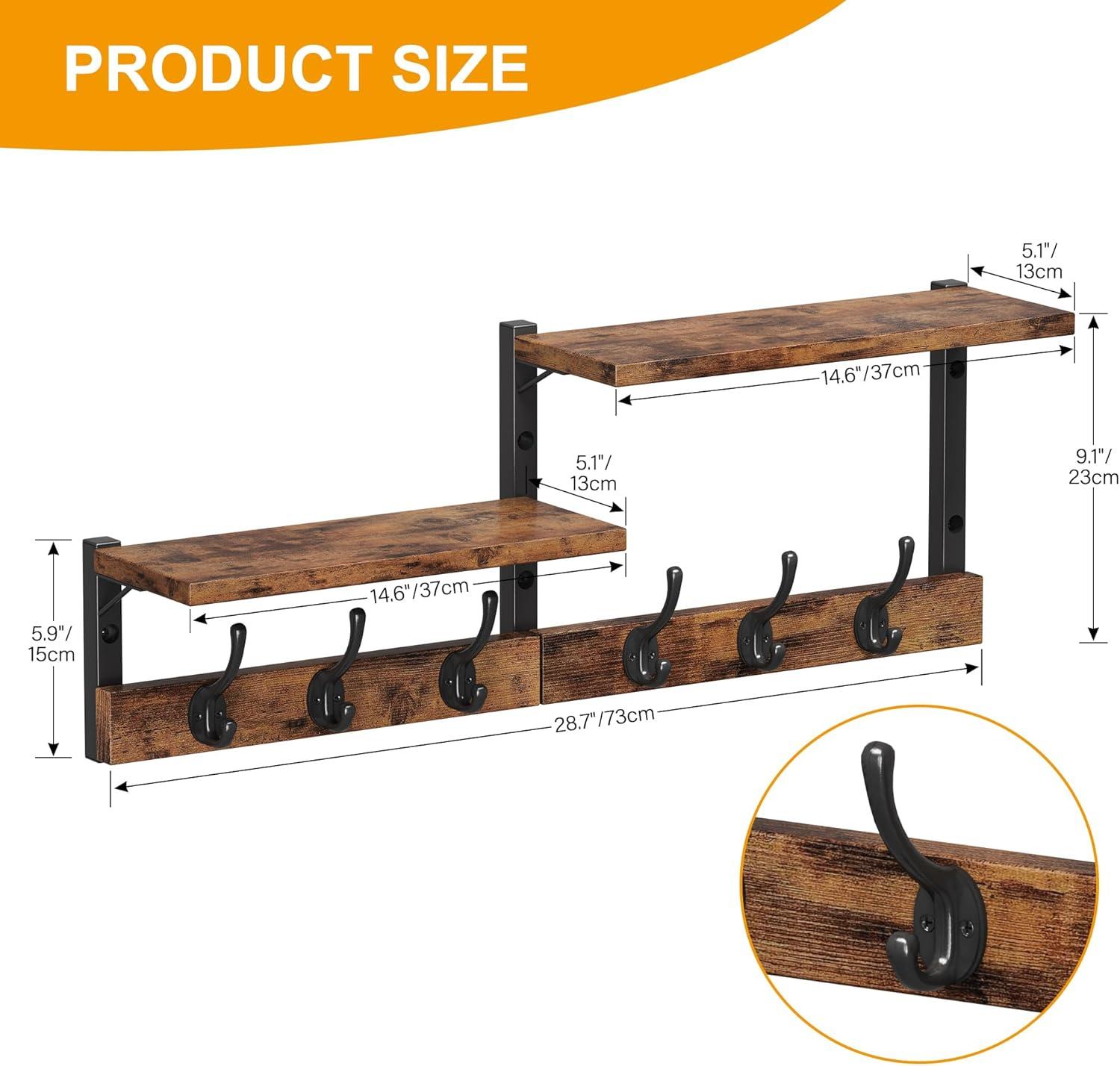 imageHomeiju 287quot Coat Rack Wall Mount with Shelf Key Hooks for Wall with Shelf Coat Hooks Wall Mounted with 6 Heavy Duty Double Hooks for BedroomLiving Room Rustic Brown6 Hooks