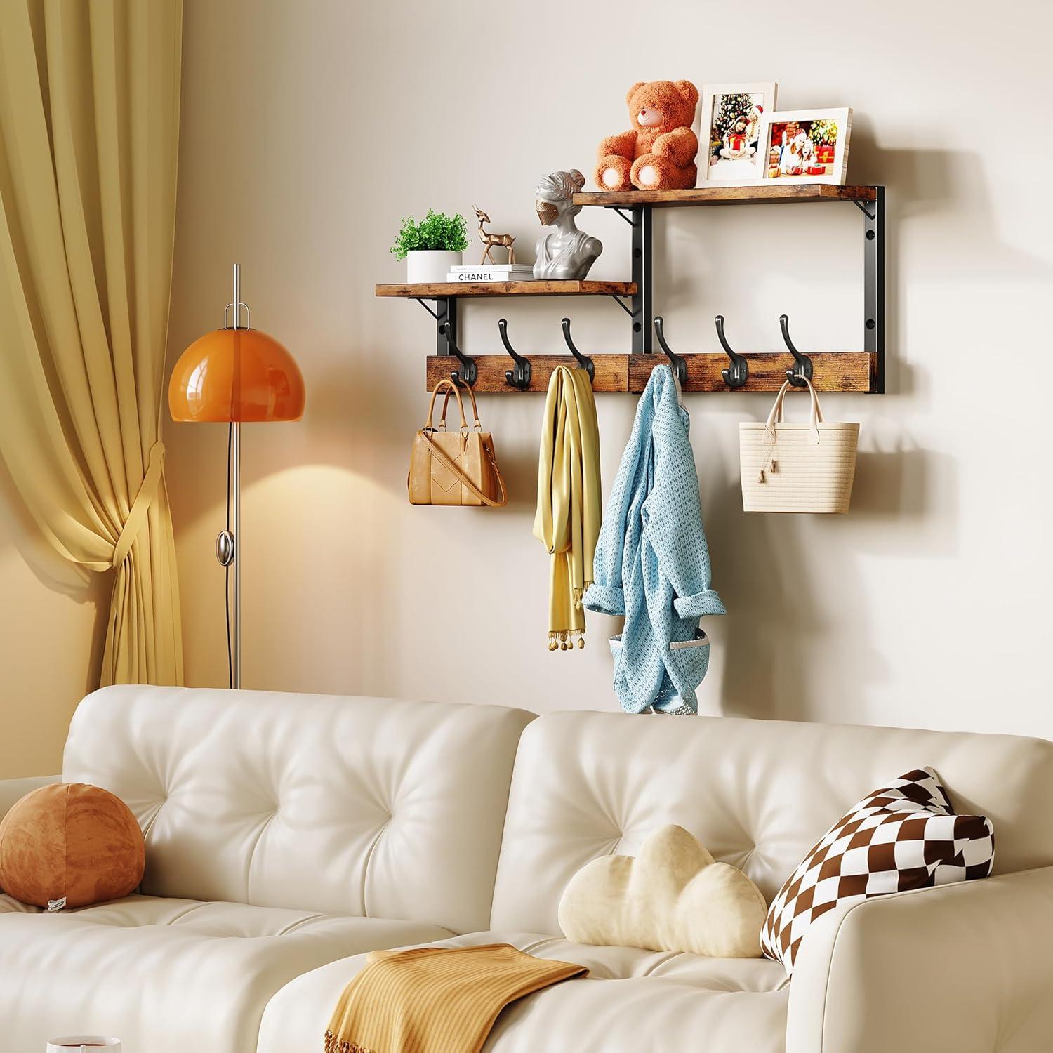 imageHomeiju 287quot Coat Rack Wall Mount with Shelf Key Hooks for Wall with Shelf Coat Hooks Wall Mounted with 6 Heavy Duty Double Hooks for BedroomLiving Room Rustic Brown6 Hooks