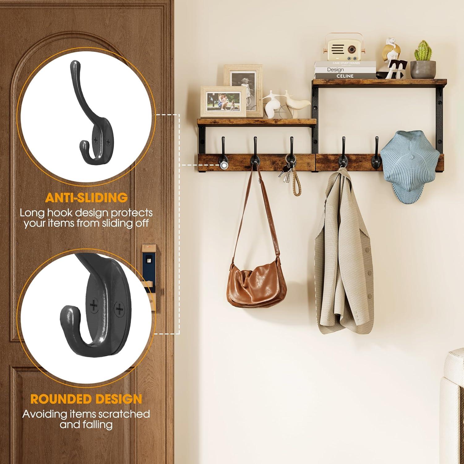 imageHomeiju 287quot Coat Rack Wall Mount with Shelf Key Hooks for Wall with Shelf Coat Hooks Wall Mounted with 6 Heavy Duty Double Hooks for BedroomLiving Room Rustic Brown6 Hooks