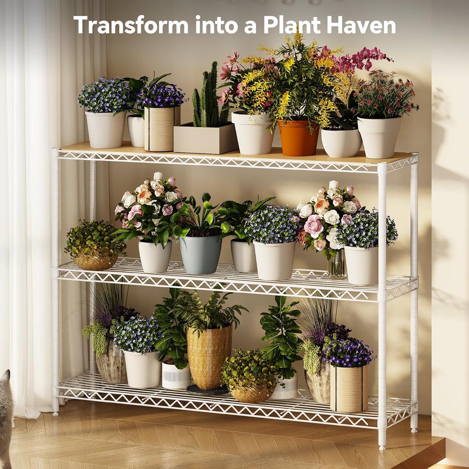 imageHomeiju 3Tier Kitchen Storage Shelf 298quot Wide Adjustable Standing Metal Shelving Unit with Removable Wooden Boards Heavy Duty for Pantry Bathroom Garage Entryway Plant StandWhite