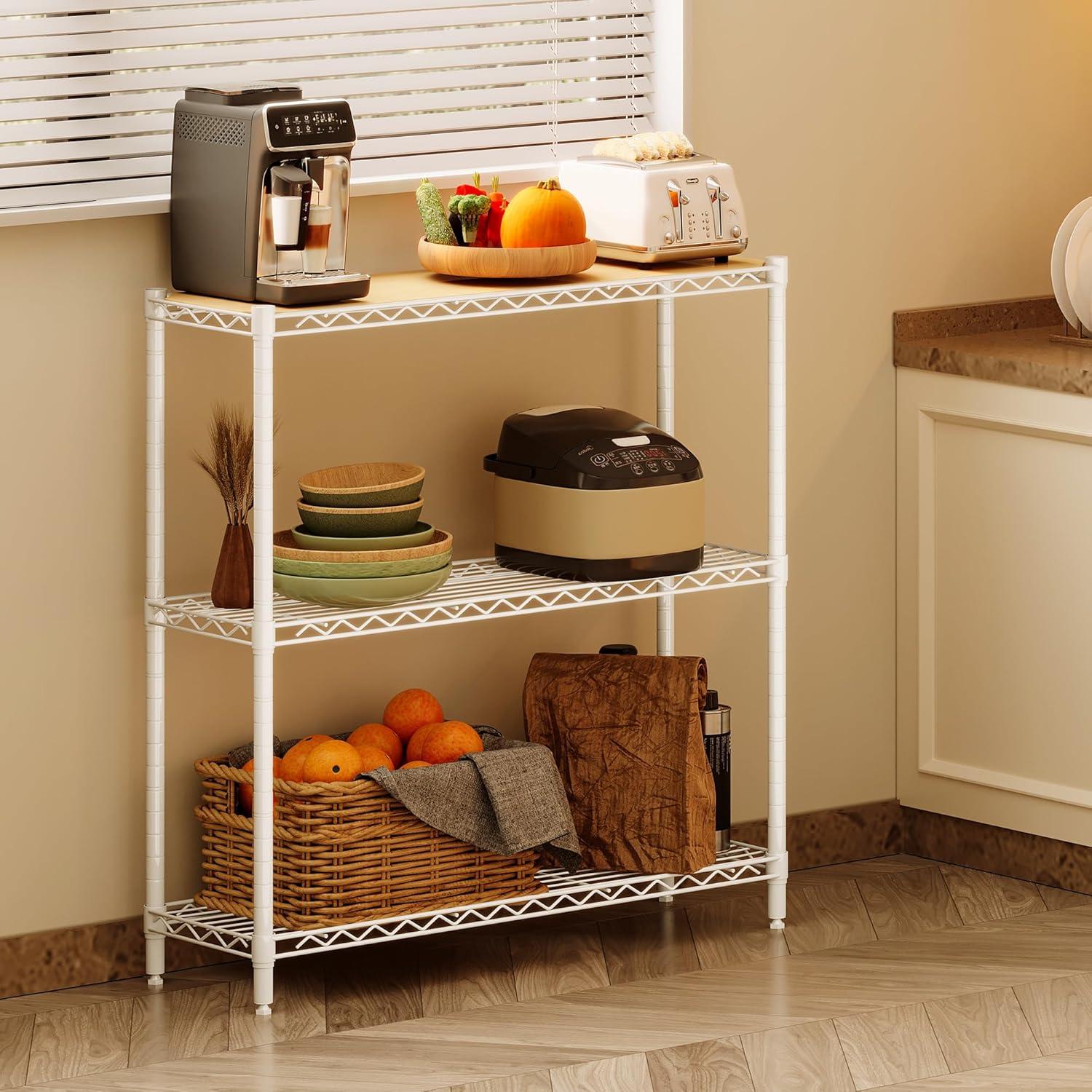 imageHomeiju 3Tier Kitchen Storage Shelf 298quot Wide Adjustable Standing Metal Shelving Unit with Removable Wooden Boards Heavy Duty for Pantry Bathroom Garage Entryway Plant StandWhite