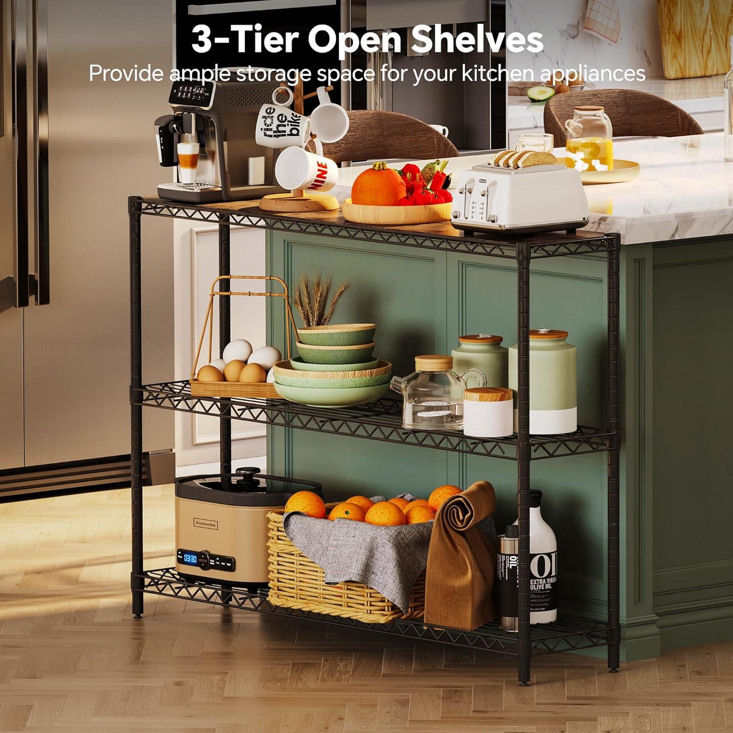 imageHomeiju 3Tier Kitchen Storage Shelf 298quot Wide Adjustable Standing Metal Shelving Unit with Removable Wooden Boards Heavy Duty for Pantry Bathroom Garage Entryway Plant StandBlack