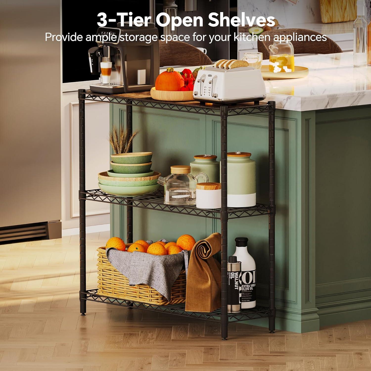 imageHomeiju 3Tier Kitchen Storage Shelf 298quot Wide Adjustable Standing Metal Shelving Unit with Removable Wooden Boards Heavy Duty for Pantry Bathroom Garage Entryway Plant StandBlack