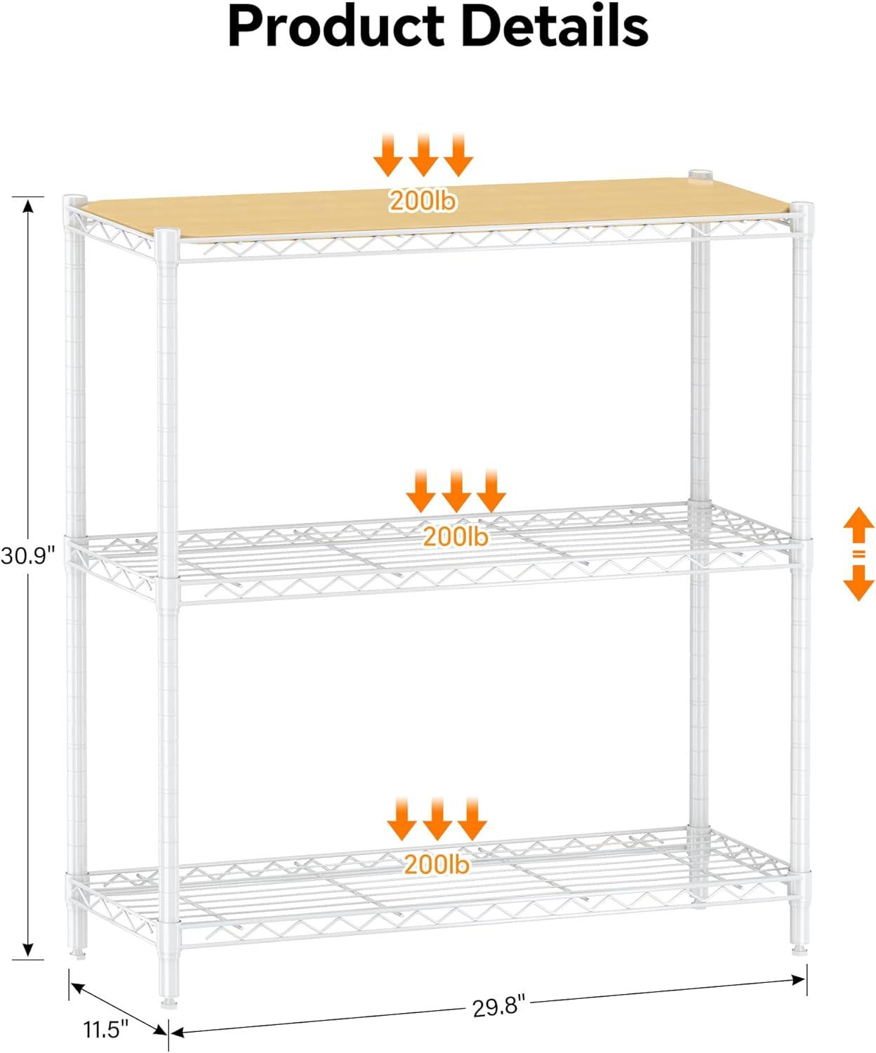 imageHomeiju 3Tier Kitchen Storage Shelf 298quot Wide Adjustable Standing Metal Shelving Unit with Removable Wooden Boards Heavy Duty for Pantry Bathroom Garage Entryway Plant StandWhite