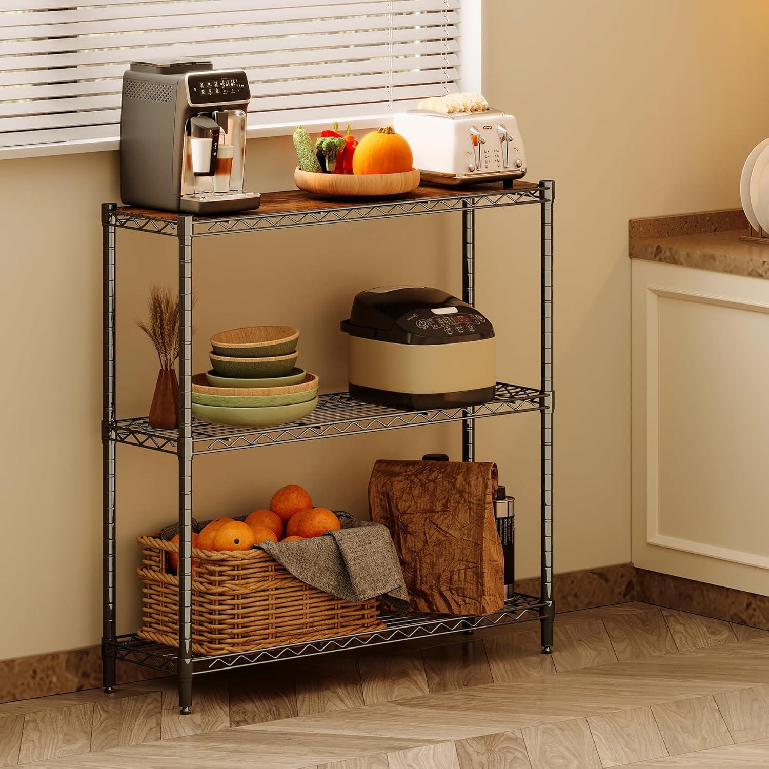 imageHomeiju 3Tier Kitchen Storage Shelf 298quot Wide Adjustable Standing Metal Shelving Unit with Removable Wooden Boards Heavy Duty for Pantry Bathroom Garage Entryway Plant StandBlack