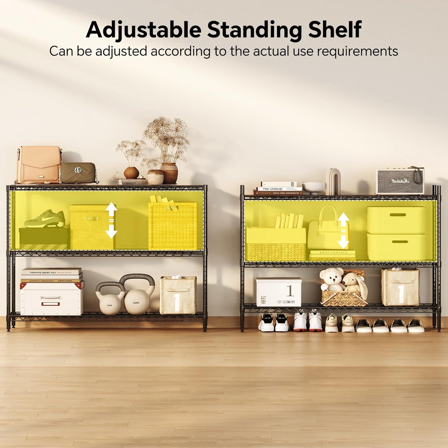 imageHomeiju 3Tier Kitchen Storage Shelf 298quot Wide Adjustable Standing Metal Shelving Unit with Removable Wooden Boards Heavy Duty for Pantry Bathroom Garage Entryway Plant StandBlack