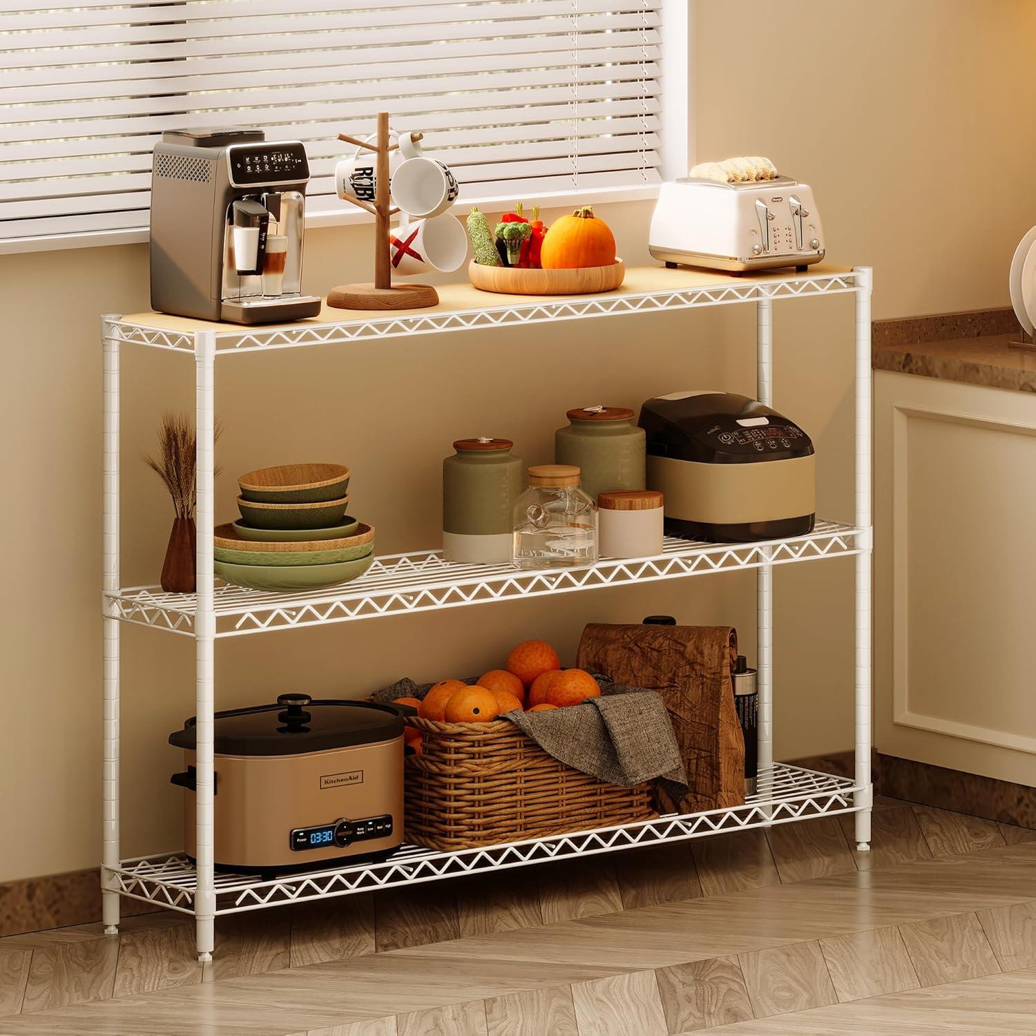 imageHomeiju 3Tier Kitchen Storage Shelf 298quot Wide Adjustable Standing Metal Shelving Unit with Removable Wooden Boards Heavy Duty for Pantry Bathroom Garage Entryway Plant StandWhite