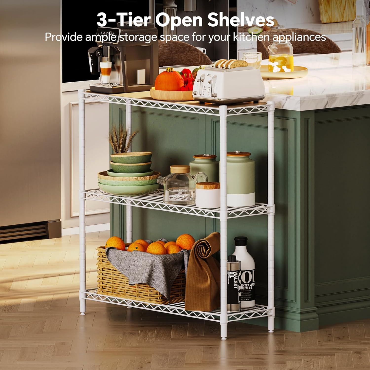 imageHomeiju 3Tier Kitchen Storage Shelf 298quot Wide Adjustable Standing Metal Shelving Unit with Removable Wooden Boards Heavy Duty for Pantry Bathroom Garage Entryway Plant StandWhite