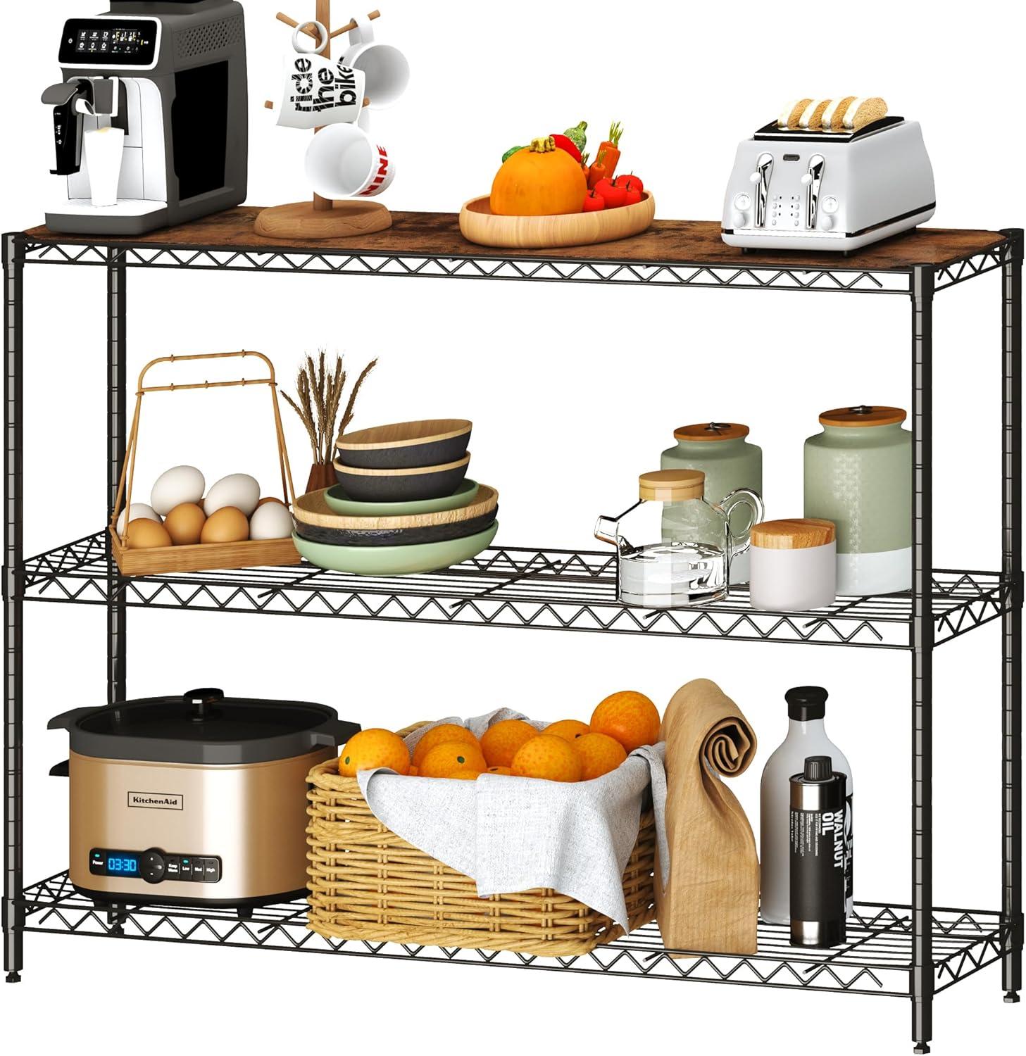 imageHomeiju 3Tier Kitchen Storage Shelf 298quot Wide Adjustable Standing Metal Shelving Unit with Removable Wooden Boards Heavy Duty for Pantry Bathroom Garage Entryway Plant StandBlack