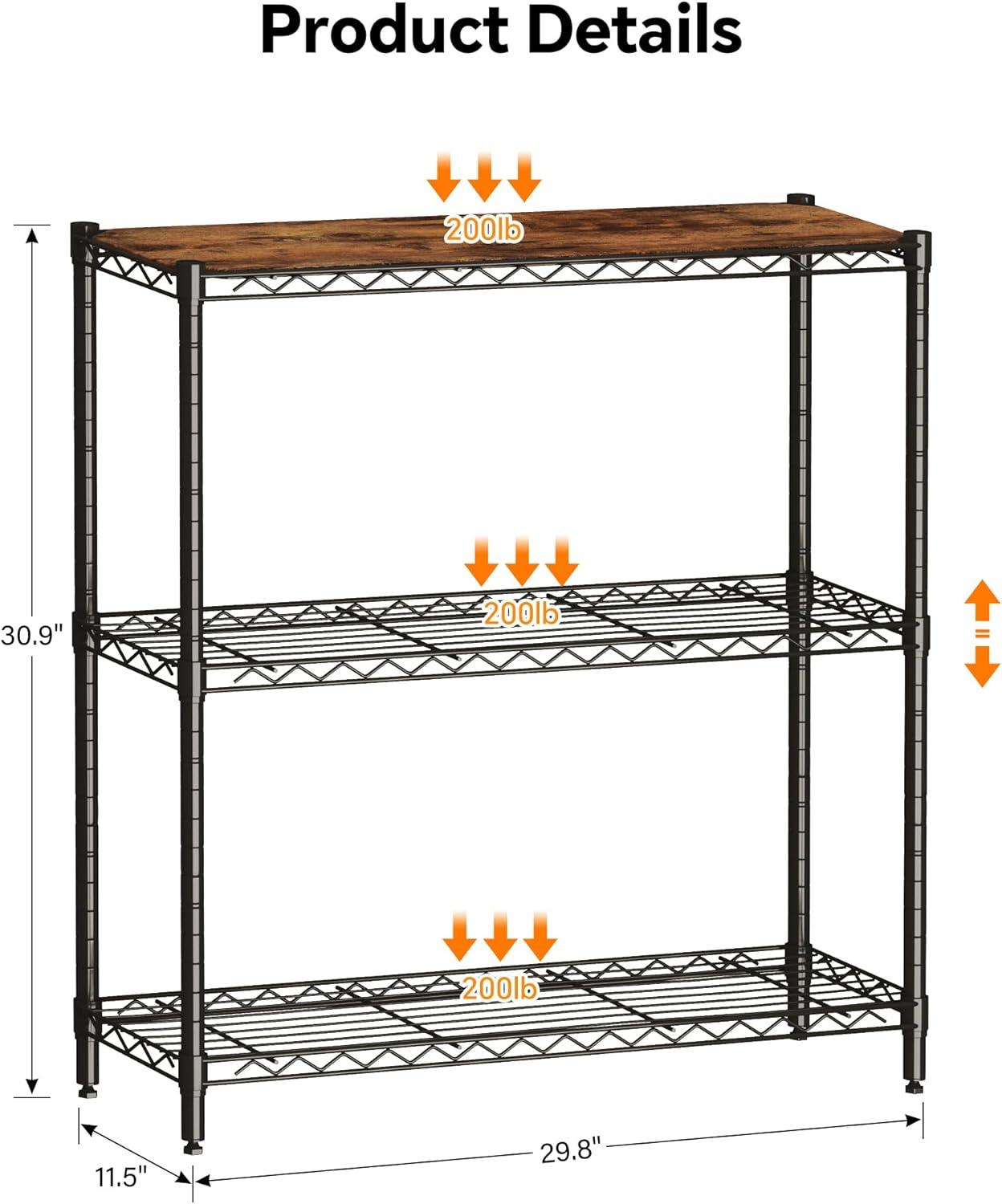 imageHomeiju 3Tier Kitchen Storage Shelf 298quot Wide Adjustable Standing Metal Shelving Unit with Removable Wooden Boards Heavy Duty for Pantry Bathroom Garage Entryway Plant StandBlack