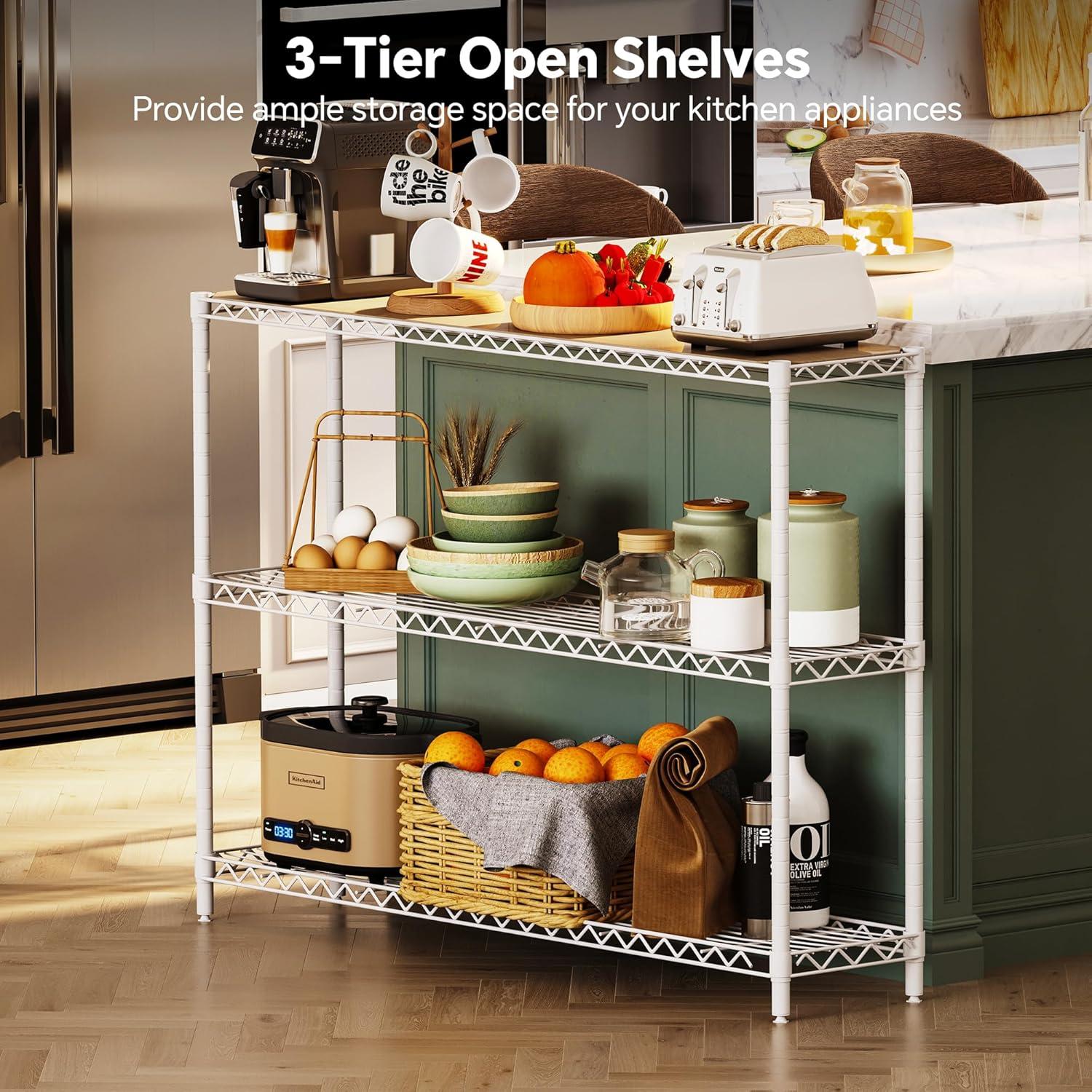 imageHomeiju 3Tier Kitchen Storage Shelf 298quot Wide Adjustable Standing Metal Shelving Unit with Removable Wooden Boards Heavy Duty for Pantry Bathroom Garage Entryway Plant StandWhite