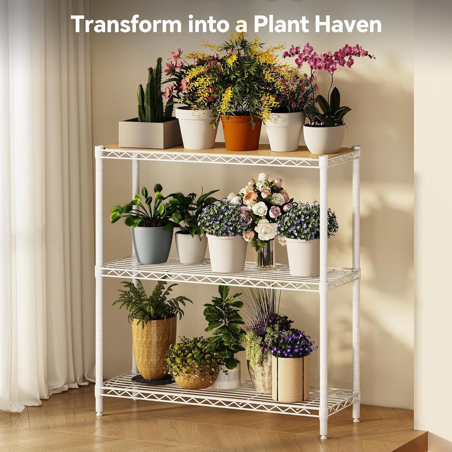 imageHomeiju 3Tier Kitchen Storage Shelf 298quot Wide Adjustable Standing Metal Shelving Unit with Removable Wooden Boards Heavy Duty for Pantry Bathroom Garage Entryway Plant StandWhite