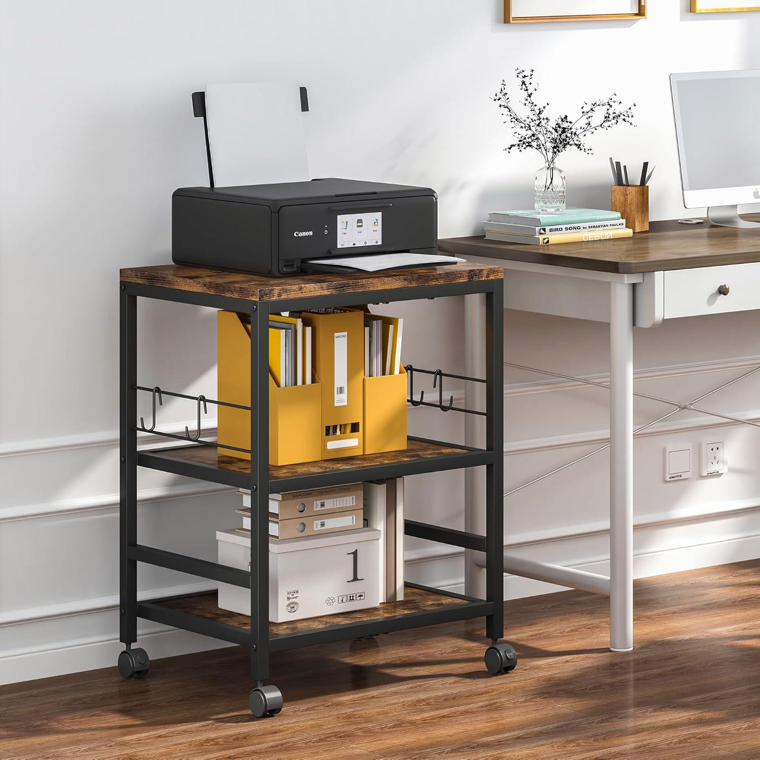 imageHomeiju 3Tier Wooden Microwave Cart with Storage 224W Microwave Stand Coffee Cart Rolling Kitchen Utility Cart with Wheels 5 Hooks Rustic Brown and Black