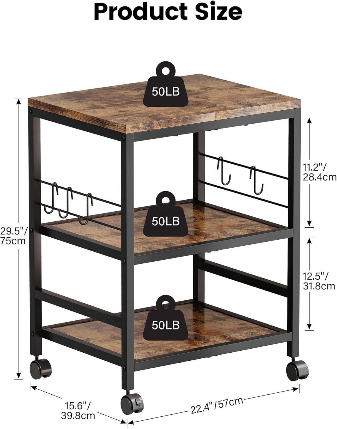 imageHomeiju 3Tier Wooden Microwave Cart with Storage 224W Microwave Stand Coffee Cart Rolling Kitchen Utility Cart with Wheels 5 Hooks Rustic Brown and Black