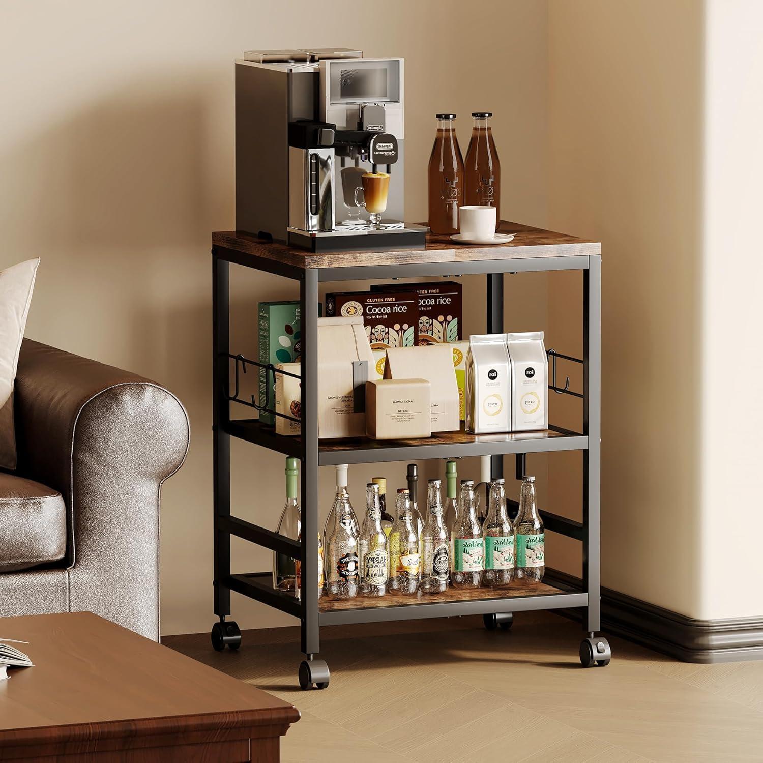 imageHomeiju 3Tier Wooden Microwave Cart with Storage 224W Microwave Stand Coffee Cart Rolling Kitchen Utility Cart with Wheels 5 Hooks Rustic Brown and Black