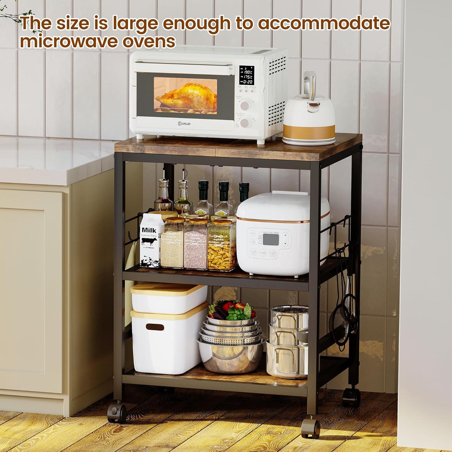 imageHomeiju 3Tier Wooden Microwave Cart with Storage 224W Microwave Stand Coffee Cart Rolling Kitchen Utility Cart with Wheels 5 Hooks Rustic Brown and Black