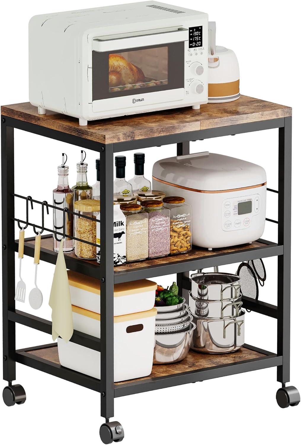 imageHomeiju 3Tier Wooden Microwave Cart with Storage 224W Microwave Stand Coffee Cart Rolling Kitchen Utility Cart with Wheels 5 Hooks Rustic Brown and Black