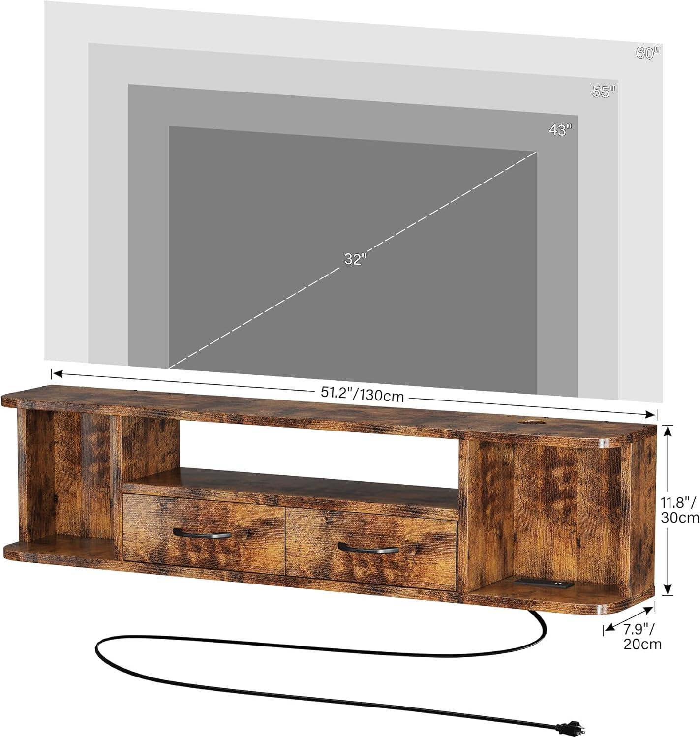 imageHomeiju 52 Floating TV Stand with Power OutletWall Mounted TV Console with Drawers Under TV Cabinet with Storage Floating TV Shelf for Living Room Bedroom Brown52 Inch