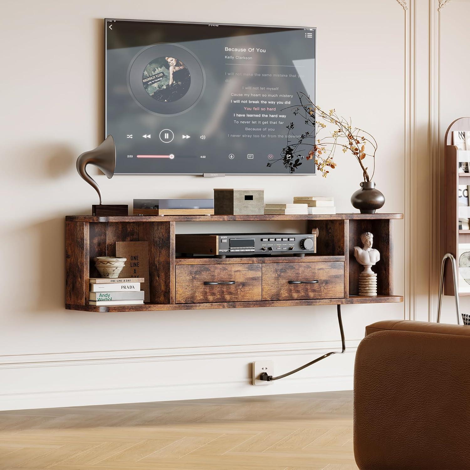 imageHomeiju 52 Floating TV Stand with Power OutletWall Mounted TV Console with Drawers Under TV Cabinet with Storage Floating TV Shelf for Living Room Bedroom Brown52 Inch