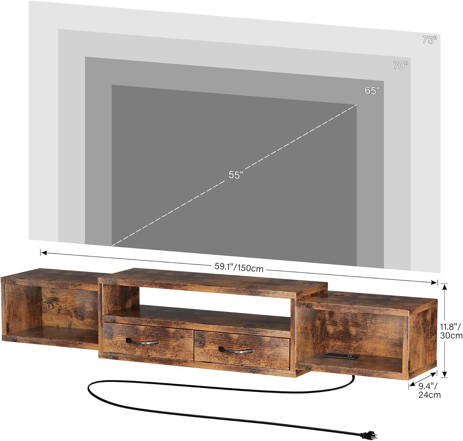 imageHomeiju 52 Floating TV Stand with Power OutletWall Mounted TV Console with Drawers Under TV Cabinet with Storage Floating TV Shelf for Living Room Bedroom Brown60 Inch