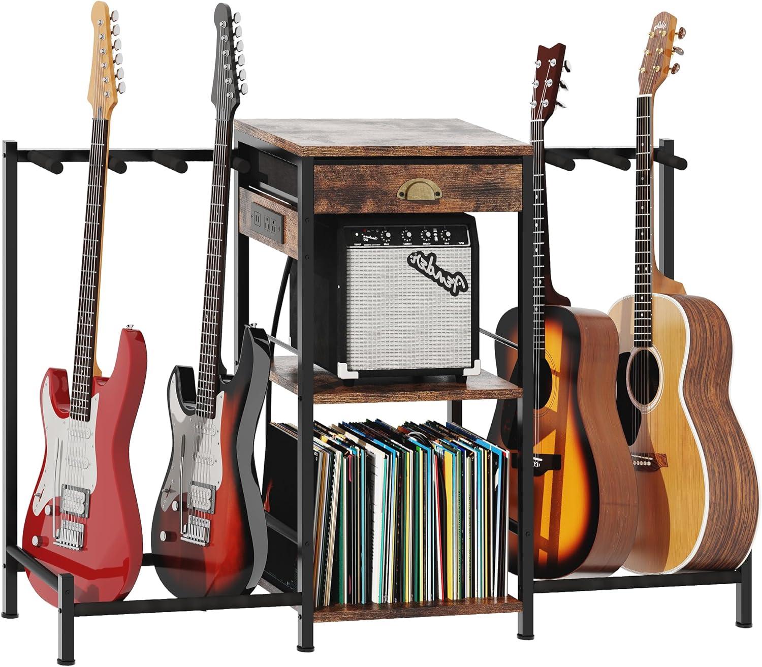 imageHomeiju 6Guitar Floor Stand with Charging Station ampamp 3Tier Storage Guitar Rack with Amp Stand ampamp Cloth Drawer Rubber Protected Guitar Holder for StudioHome  Heavy Duty Metal Frame