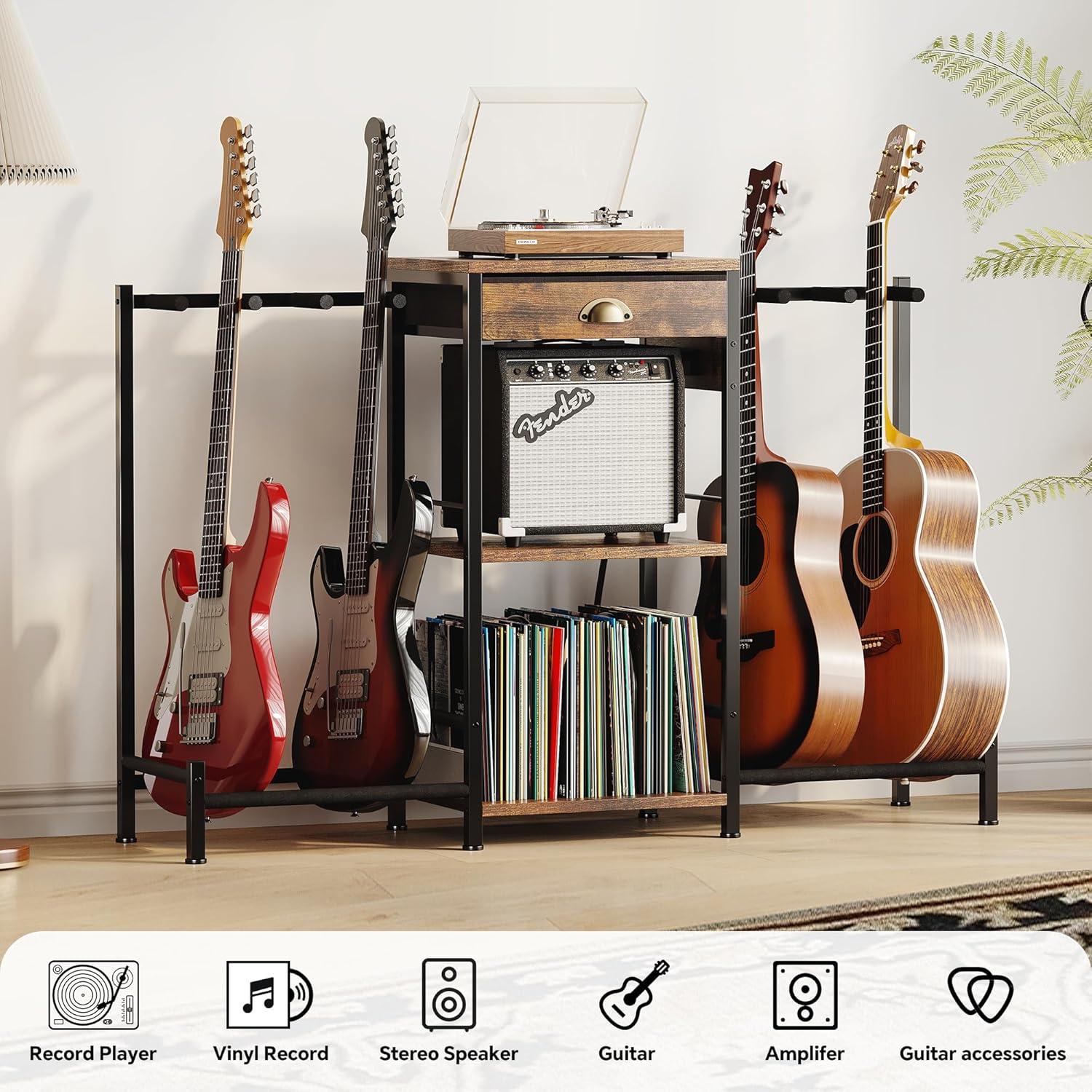 imageHomeiju 6Guitar Floor Stand with Charging Station ampamp 3Tier Storage Guitar Rack with Amp Stand ampamp Cloth Drawer Rubber Protected Guitar Holder for StudioHome  Heavy Duty Metal Frame