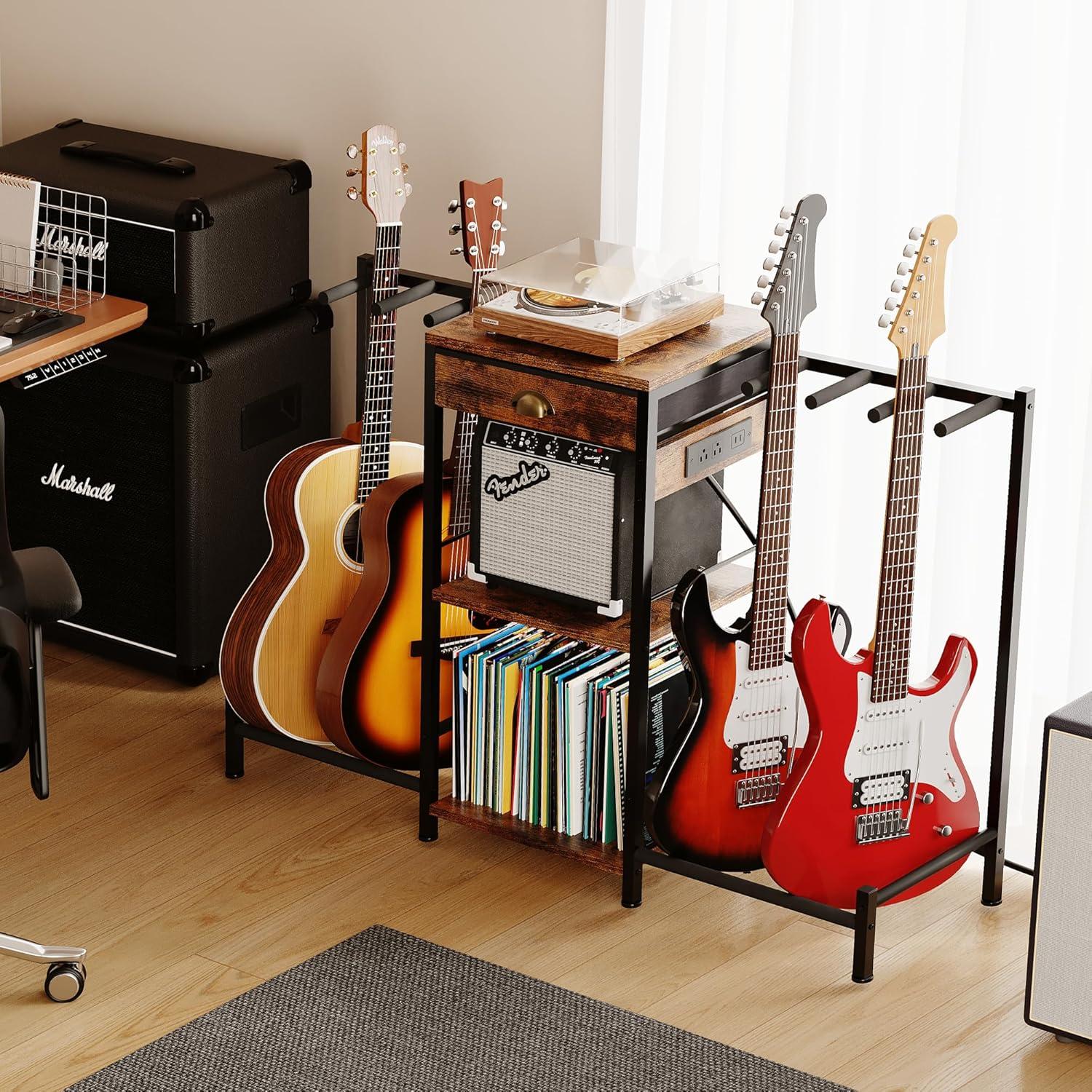 imageHomeiju 6Guitar Floor Stand with Charging Station ampamp 3Tier Storage Guitar Rack with Amp Stand ampamp Cloth Drawer Rubber Protected Guitar Holder for StudioHome  Heavy Duty Metal Frame