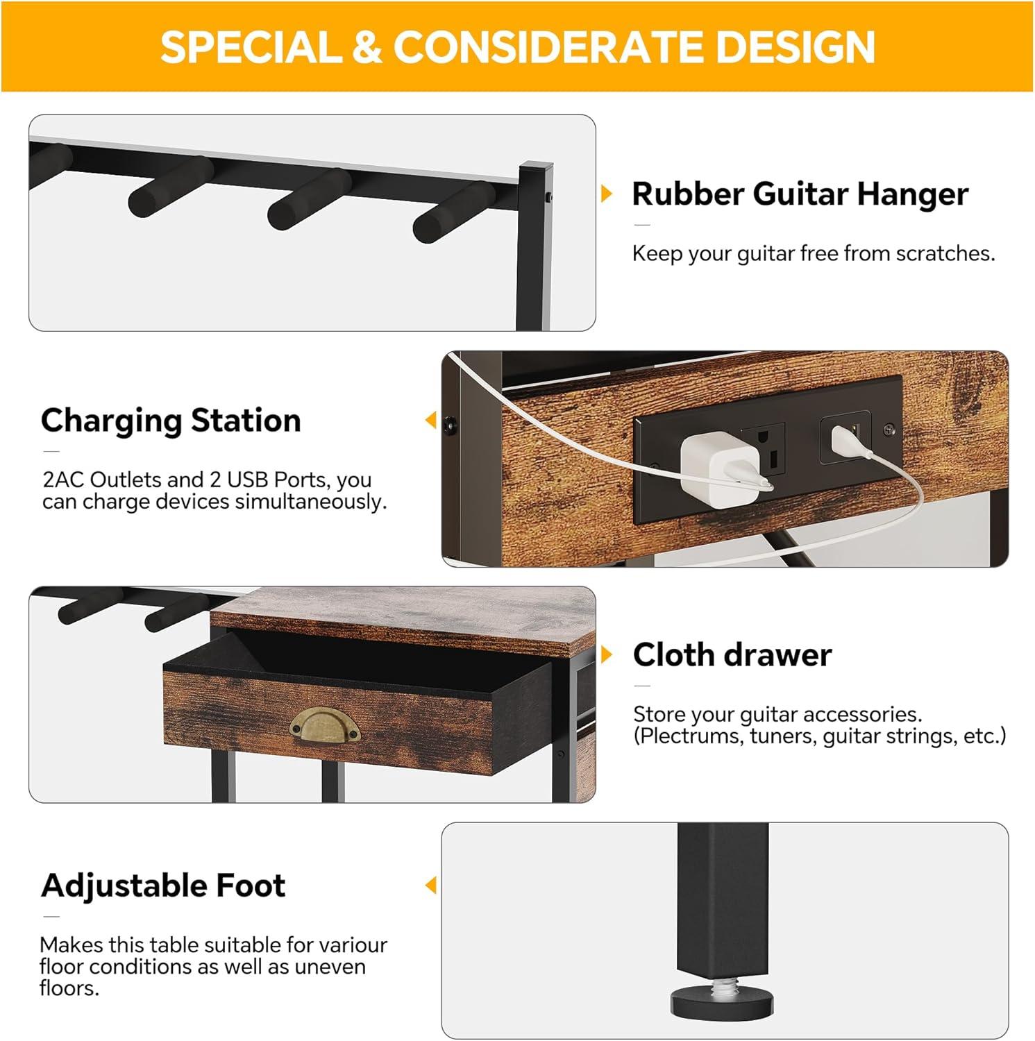 imageHomeiju 6Guitar Floor Stand with Charging Station ampamp 3Tier Storage Guitar Rack with Amp Stand ampamp Cloth Drawer Rubber Protected Guitar Holder for StudioHome  Heavy Duty Metal Frame