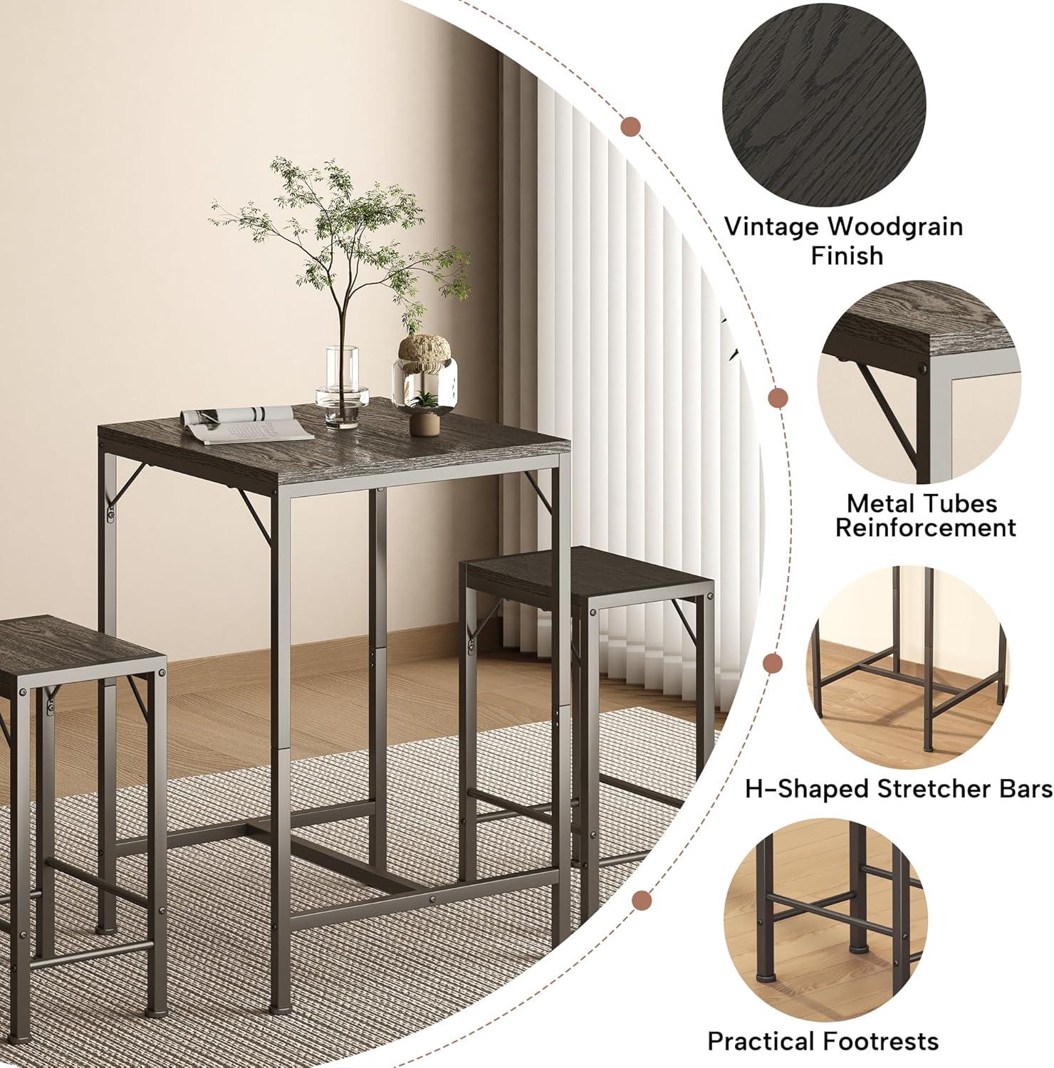 imageHomeiju Bar Table and Chairs Set Square Bar Table with 2 Stools SpaceSaving Dining Pub Set for 2 Perfect for Kitchen Breakfast Nook Living Room ampamp Small Spaces BlackBlack