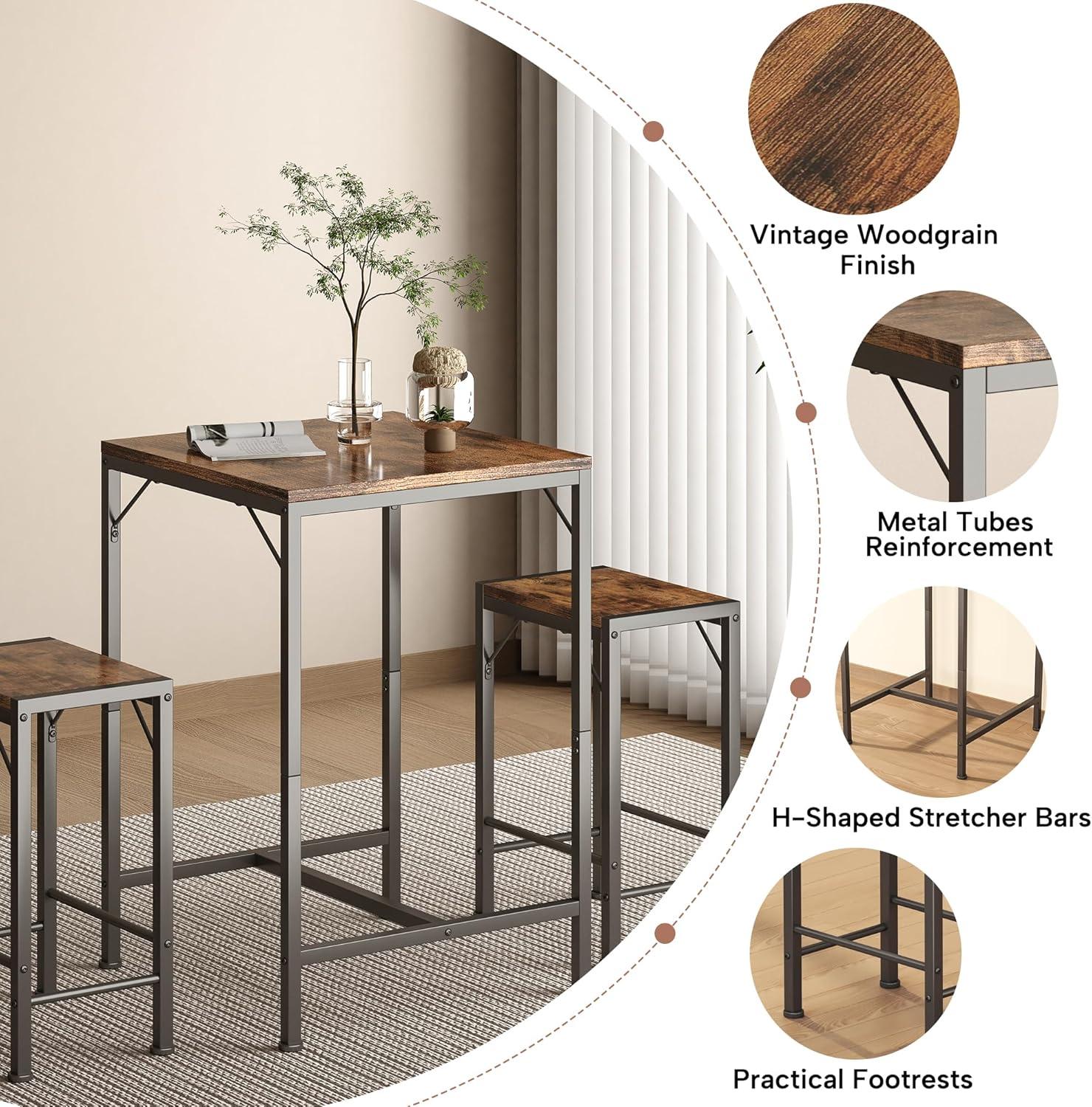 imageHomeiju Bar Table and Chairs Set Square Bar Table with 2 Stools SpaceSaving Dining Pub Set for 2 Perfect for Kitchen Breakfast Nook Living Room ampamp Small Spaces BlackRustic Brown