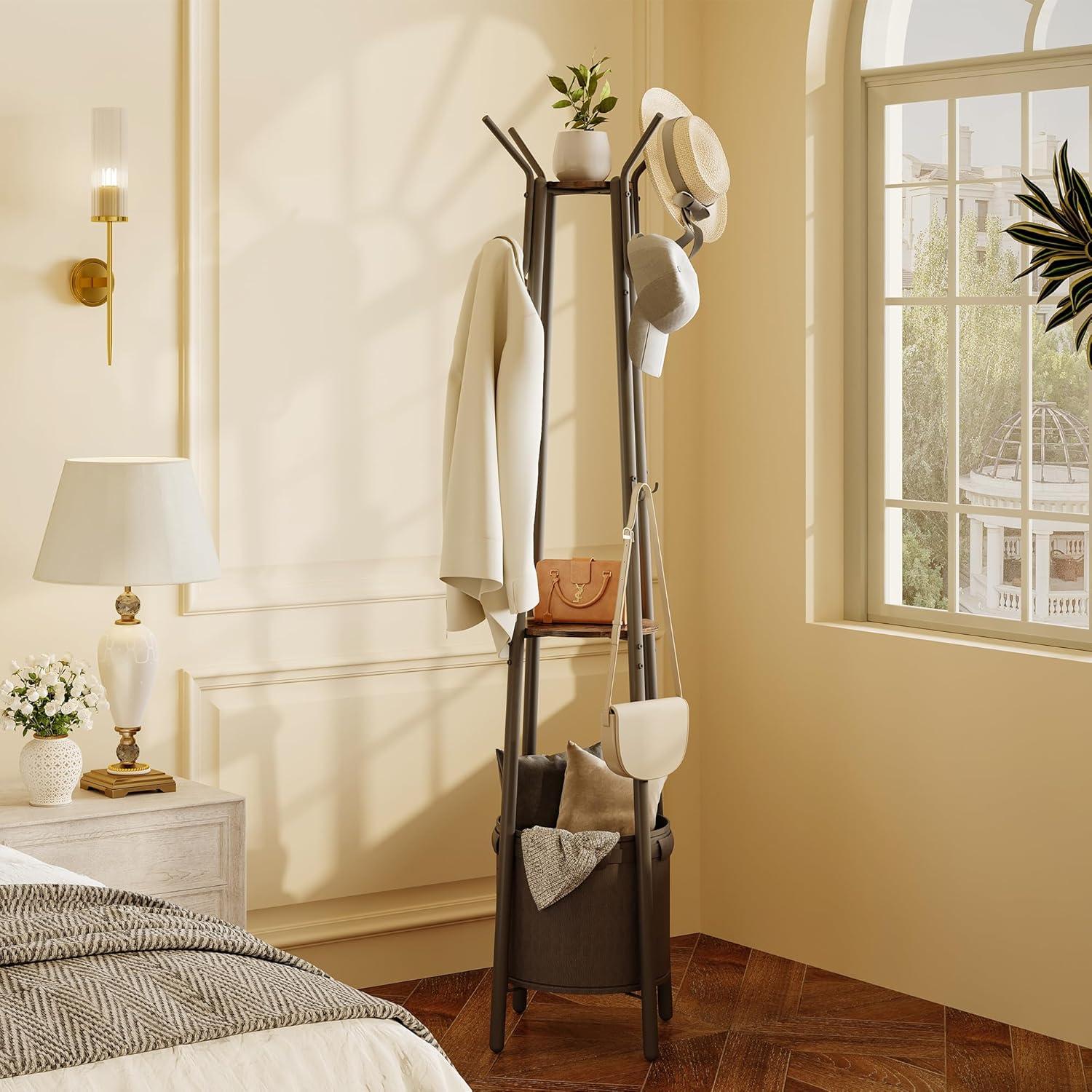 imageHomeiju Coat Rack Freestanding with Storage Basket ampamp 12 Hooks Heavy Duty Hall Tree for Entryway Standing Coat Rack with Shelf for Hallway Bedroom Office Organization