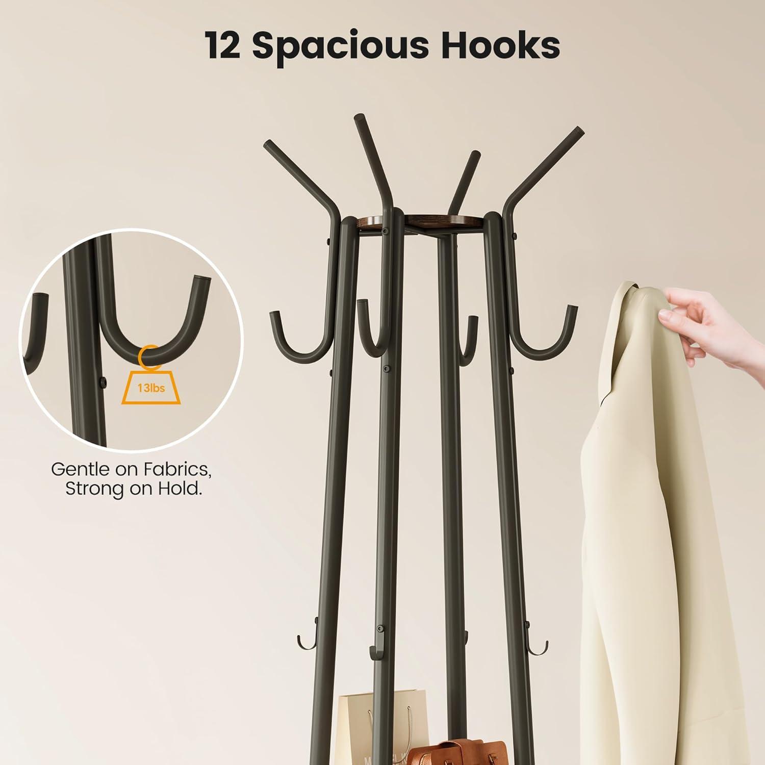 imageHomeiju Coat Rack Freestanding with Storage Basket ampamp 12 Hooks Heavy Duty Hall Tree for Entryway Standing Coat Rack with Shelf for Hallway Bedroom Office Organization