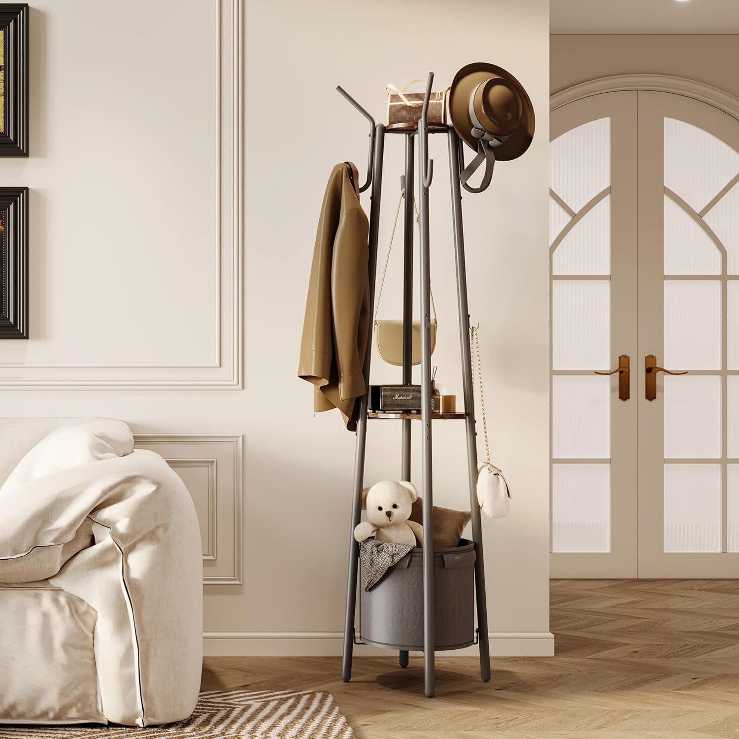 imageHomeiju Coat Rack Freestanding with Storage Basket ampamp 12 Hooks Heavy Duty Hall Tree for Entryway Standing Coat Rack with Shelf for Hallway Bedroom Office Organization