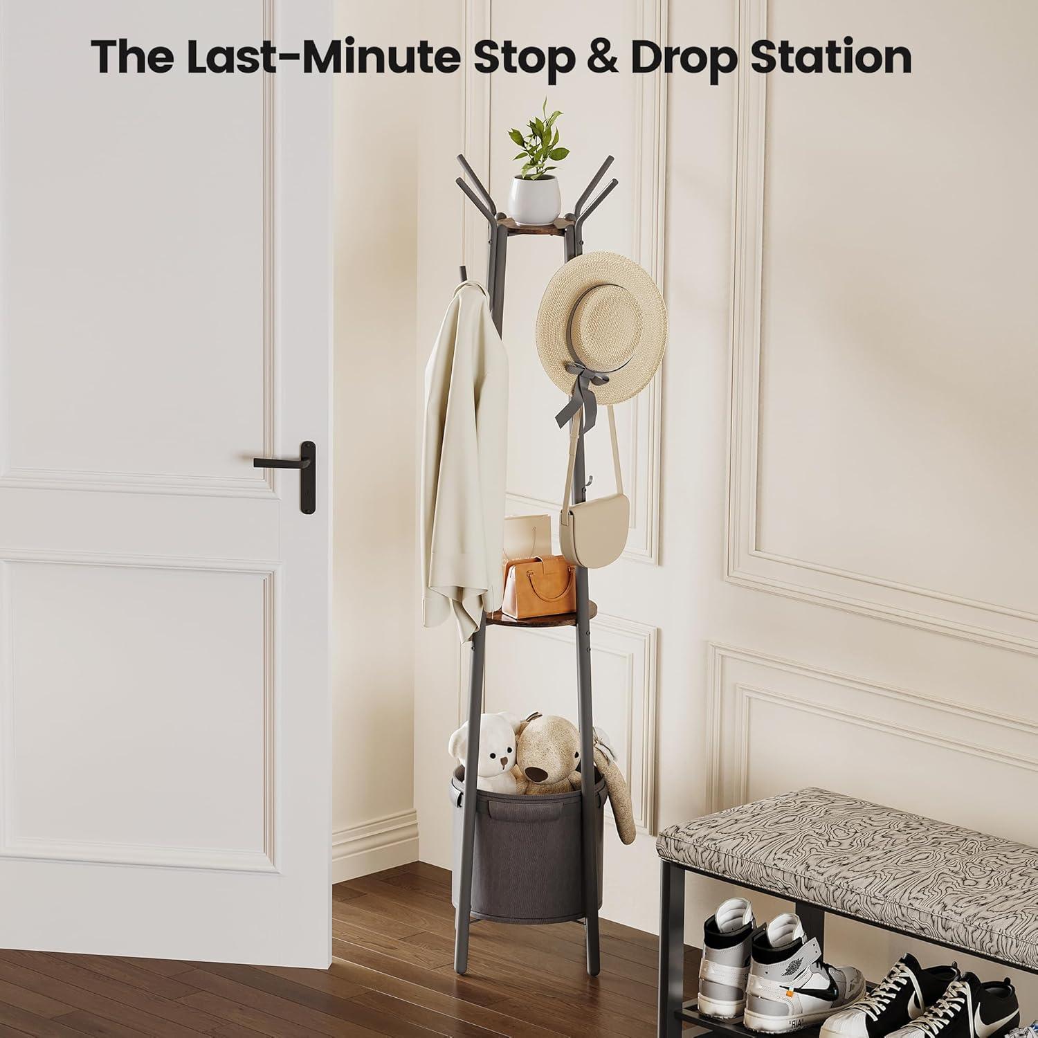 imageHomeiju Coat Rack Freestanding with Storage Basket ampamp 12 Hooks Heavy Duty Hall Tree for Entryway Standing Coat Rack with Shelf for Hallway Bedroom Office Organization