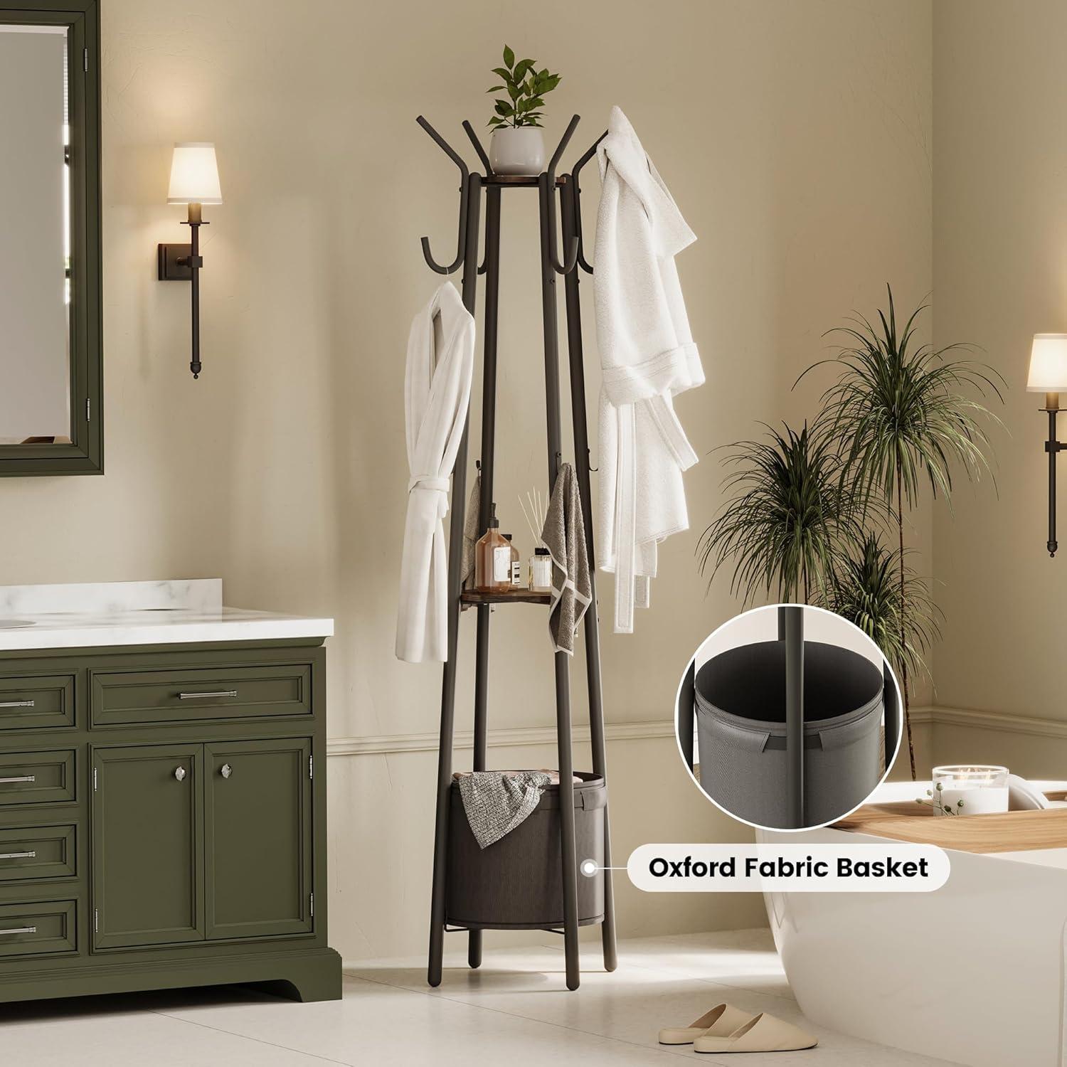 imageHomeiju Coat Rack Freestanding with Storage Basket ampamp 12 Hooks Heavy Duty Hall Tree for Entryway Standing Coat Rack with Shelf for Hallway Bedroom Office Organization