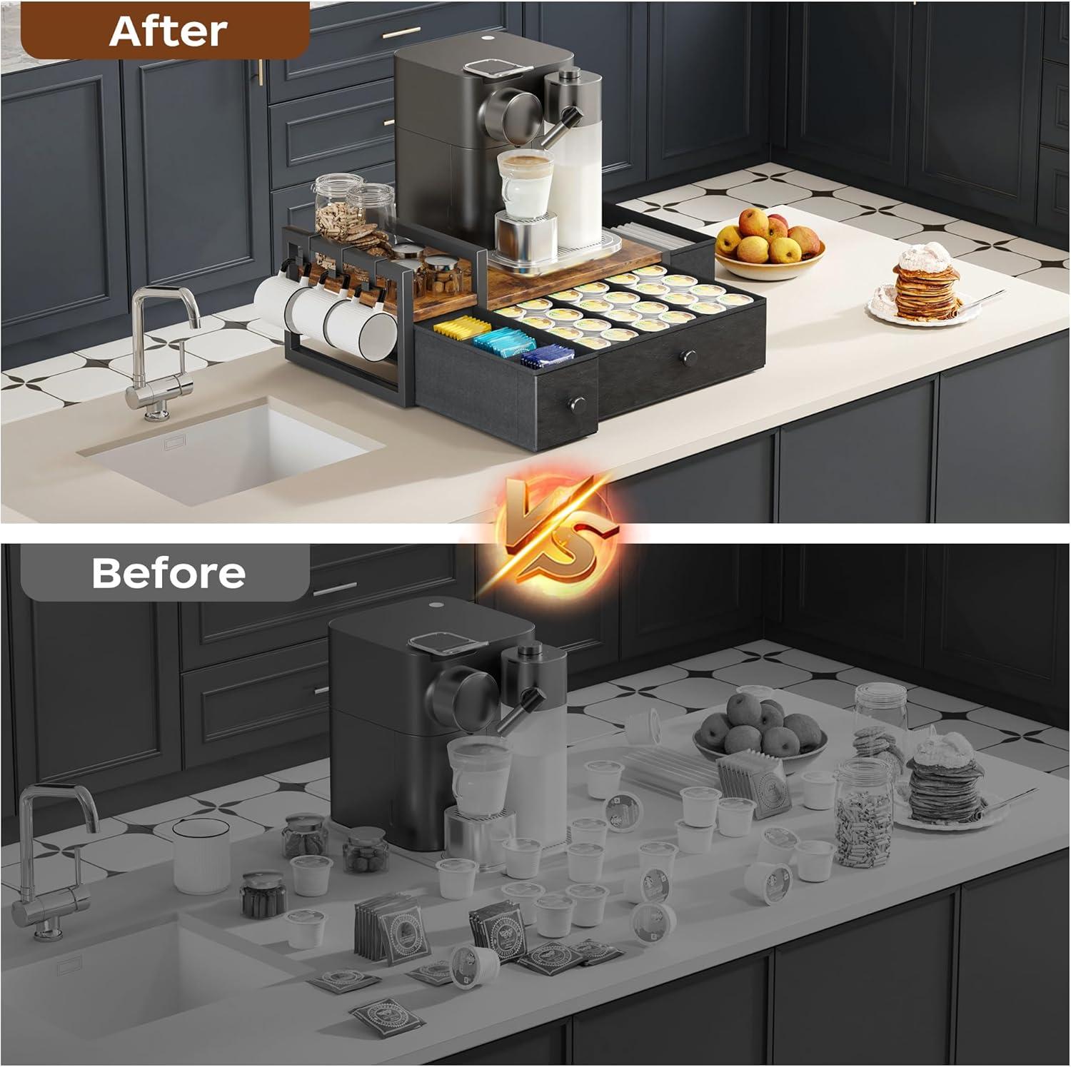 imageHomeiju Coffee Pod Drawers  K Cup Organizer Nespresso Pods Holder with Mug Rack Coffee Holder for Countertop 52 Capacity Pods Suitable for Kitchens Offices and Coffee BarsBlackRustic Brown