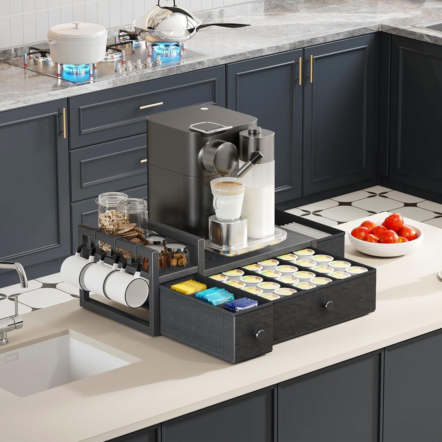 imageHomeiju Coffee Pod Drawers  K Cup Organizer Nespresso Pods Holder with Mug Rack Coffee Holder for Countertop 52 Capacity Pods Suitable for Kitchens Offices and Coffee BarsBlackBlack