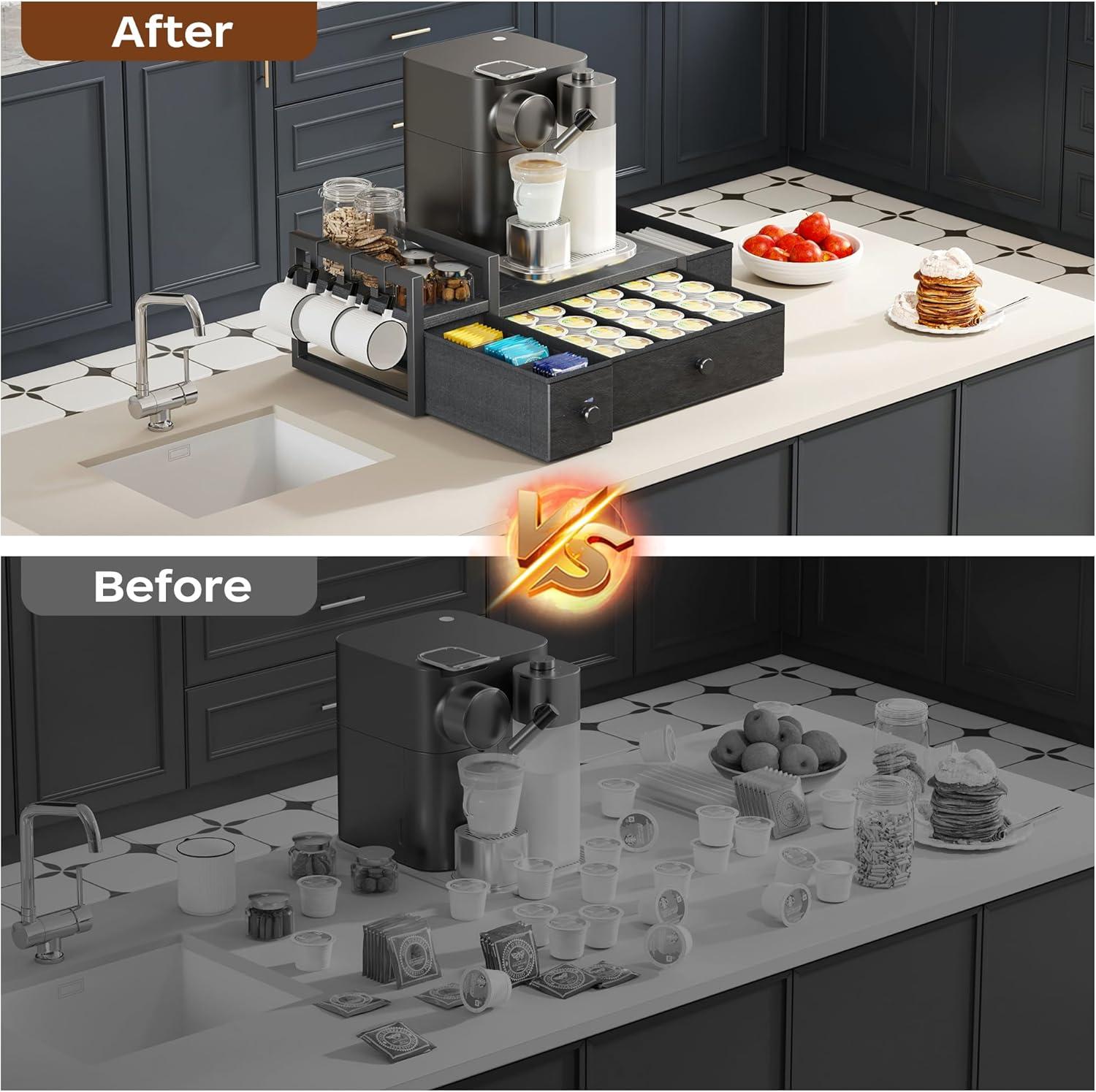 imageHomeiju Coffee Pod Drawers  K Cup Organizer Nespresso Pods Holder with Mug Rack Coffee Holder for Countertop 52 Capacity Pods Suitable for Kitchens Offices and Coffee BarsBlackBlack