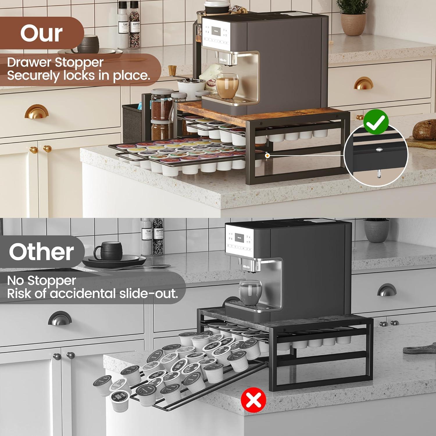 imageHomeiju Coffee Pod Holder Drawer for KCup2Tier Nespresso Pods Holder K Cup Holder Holds 60 KCups ampamp 10 Syrup Bottles Sliding Storage Drawer and Countertop Storage