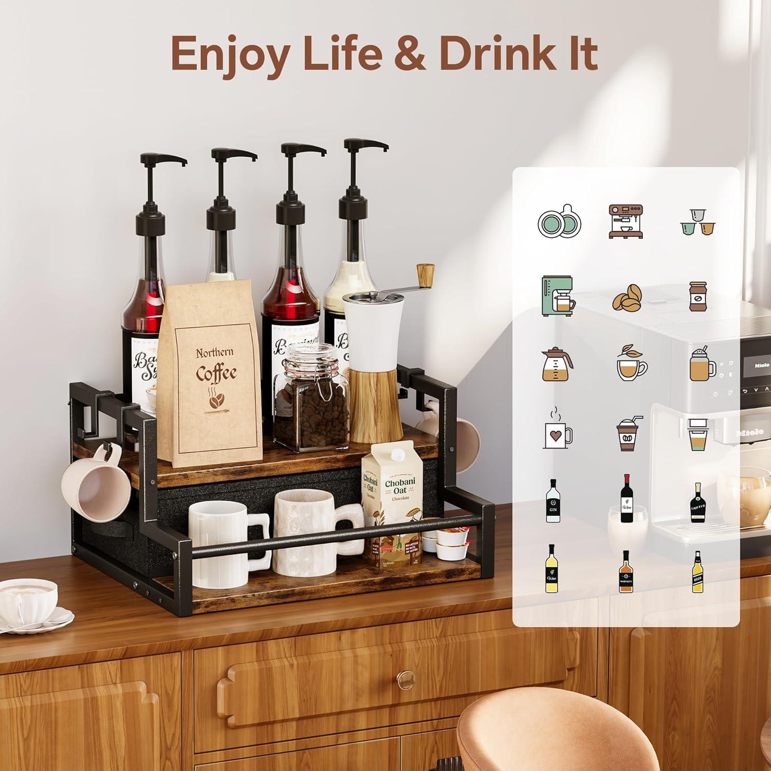 imageHomeiju Coffee Syrup Organizer Rack 2Tier Bottle Coffee Bar Accessories Holder Stand with K Cup Storage Drawer for Coffee bar Wine Rack Storage Shelves for Syrup BlackRustic Brown