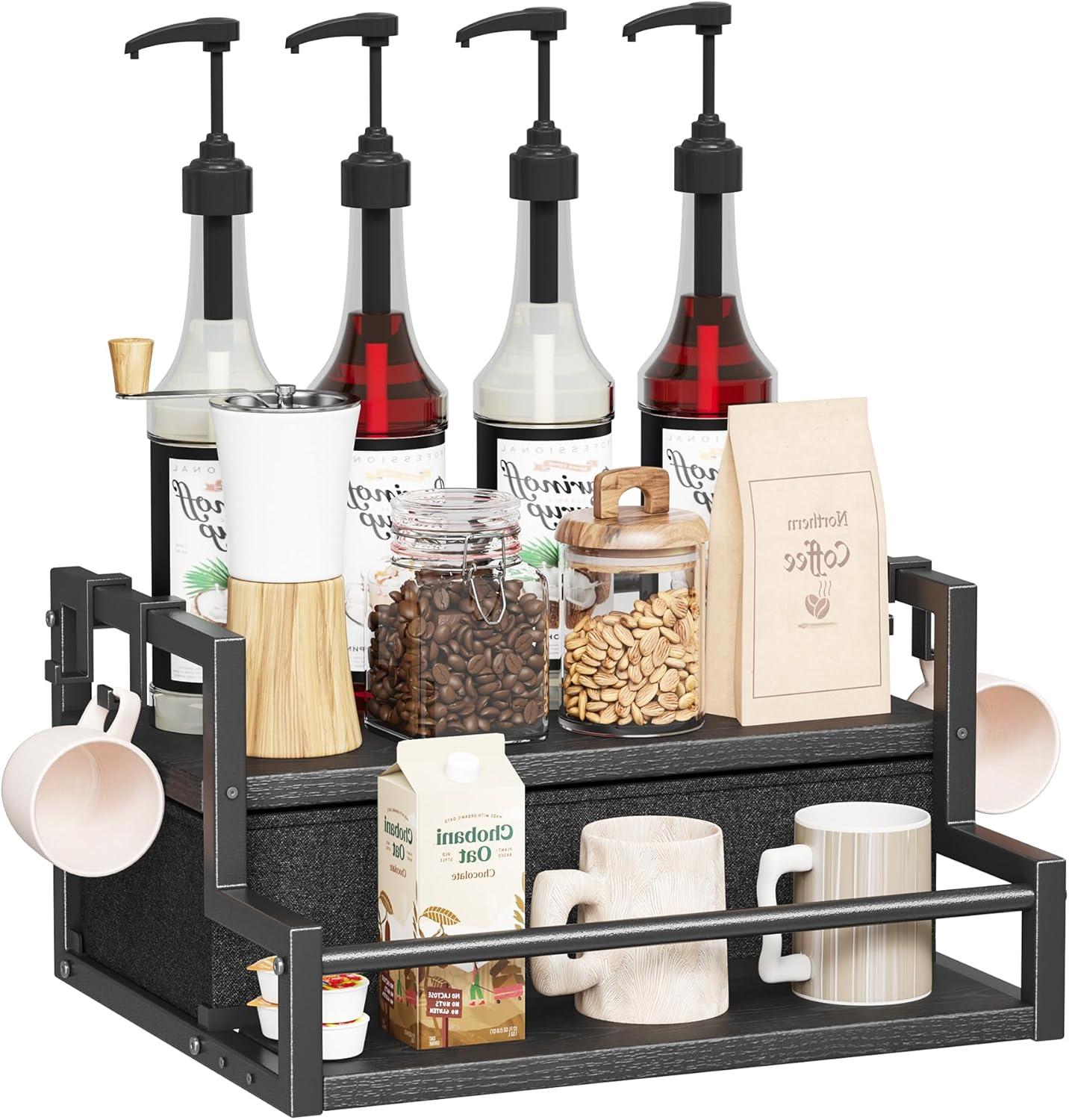 imageHomeiju Coffee Syrup Organizer Rack 2Tier Bottle Coffee Bar Accessories Holder Stand with K Cup Storage Drawer for Coffee bar Wine Rack Storage Shelves for Syrup BlackBlack
