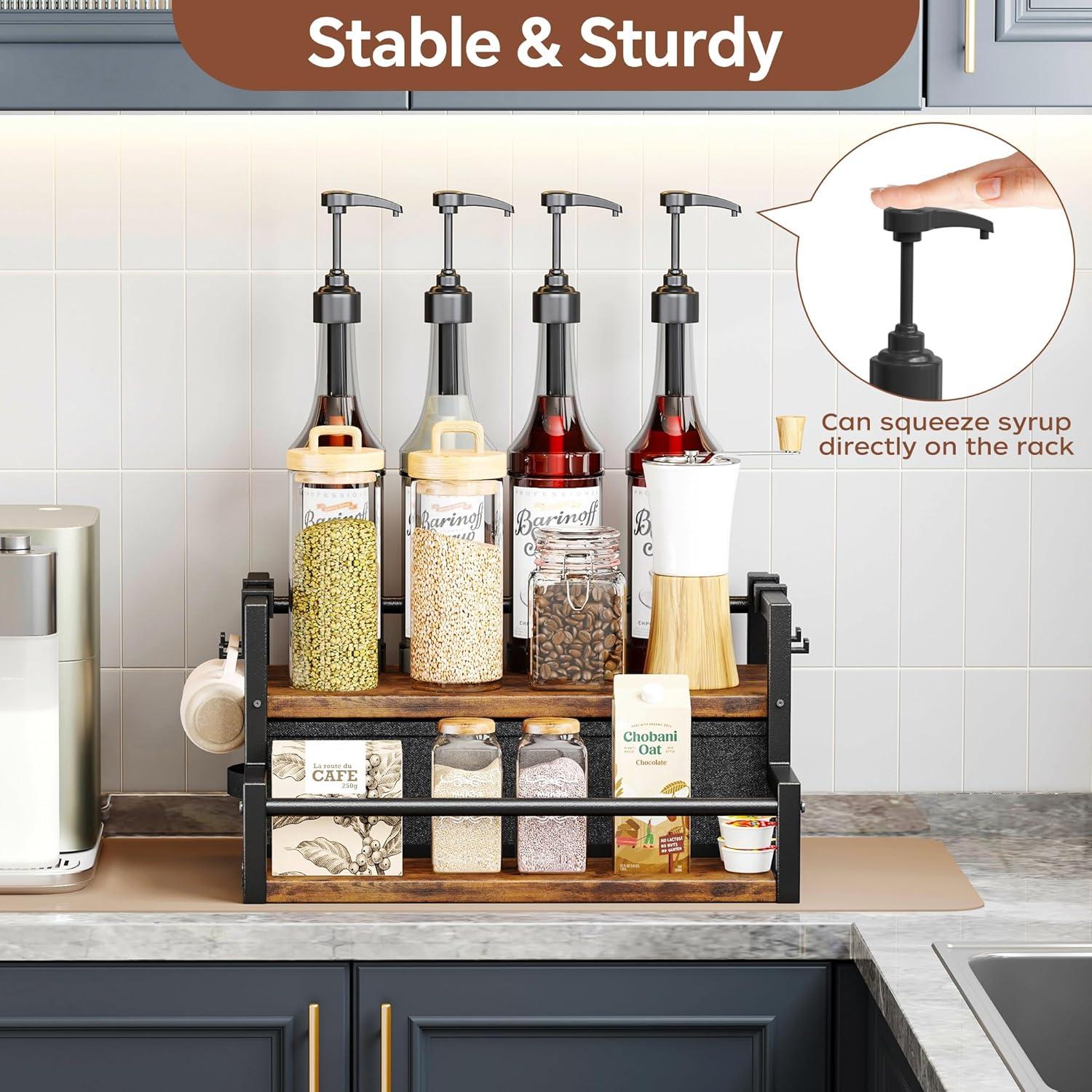 imageHomeiju Coffee Syrup Organizer Rack 2Tier Bottle Coffee Bar Accessories Holder Stand with K Cup Storage Drawer for Coffee bar Wine Rack Storage Shelves for Syrup BlackRustic Brown