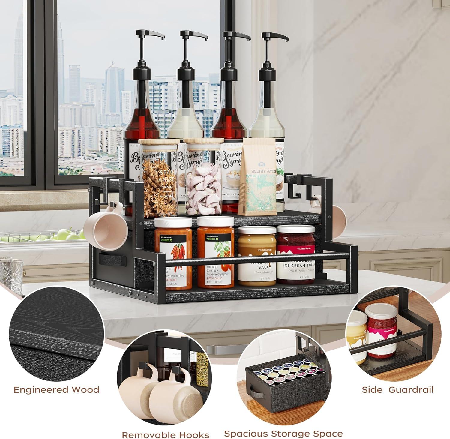 imageHomeiju Coffee Syrup Organizer Rack 2Tier Bottle Coffee Bar Accessories Holder Stand with K Cup Storage Drawer for Coffee bar Wine Rack Storage Shelves for Syrup BlackBlack