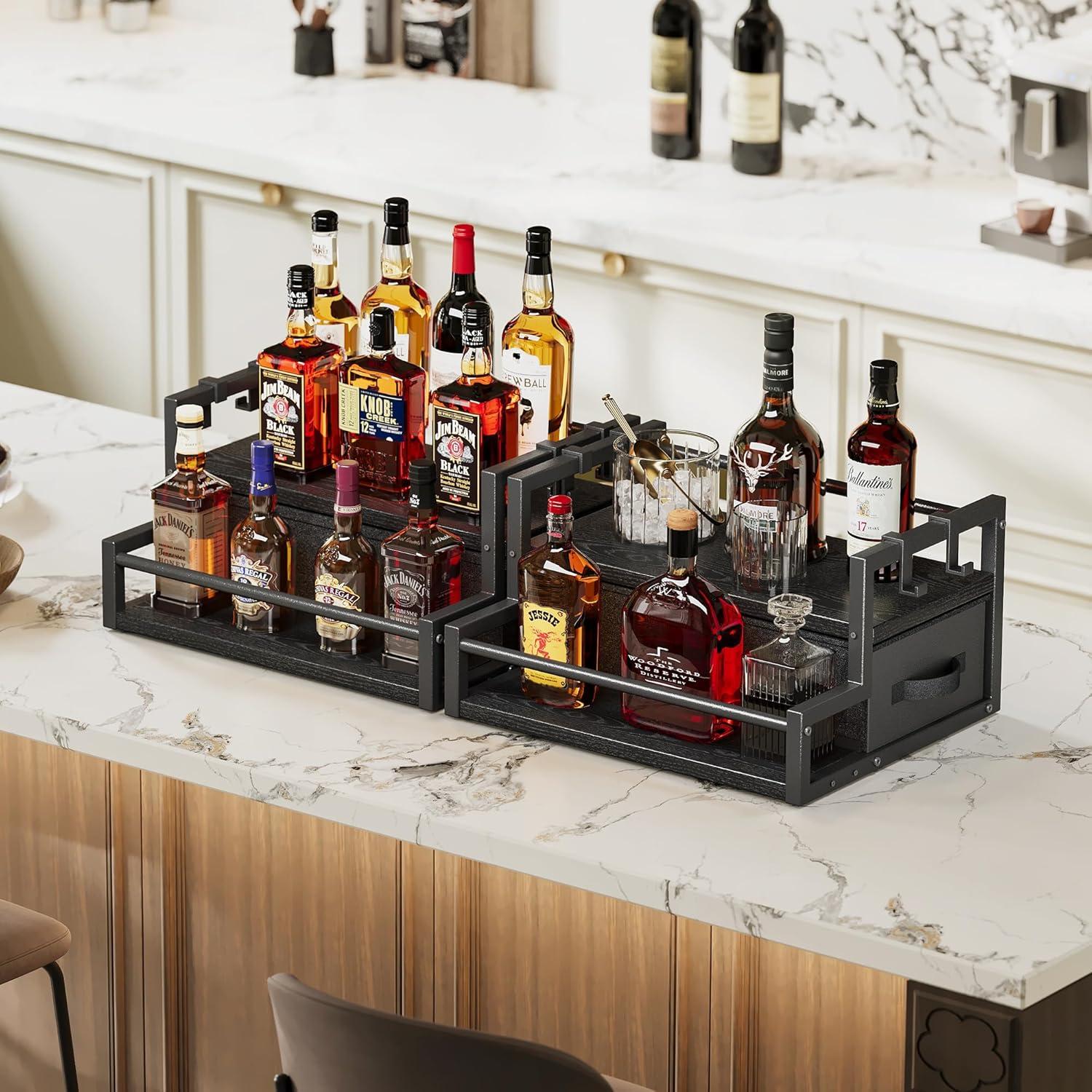 imageHomeiju Coffee Syrup Organizer Rack 2Tier Bottle Coffee Bar Accessories Holder Stand with K Cup Storage Drawer for Coffee bar Wine Rack Storage Shelves for Syrup BlackBlack