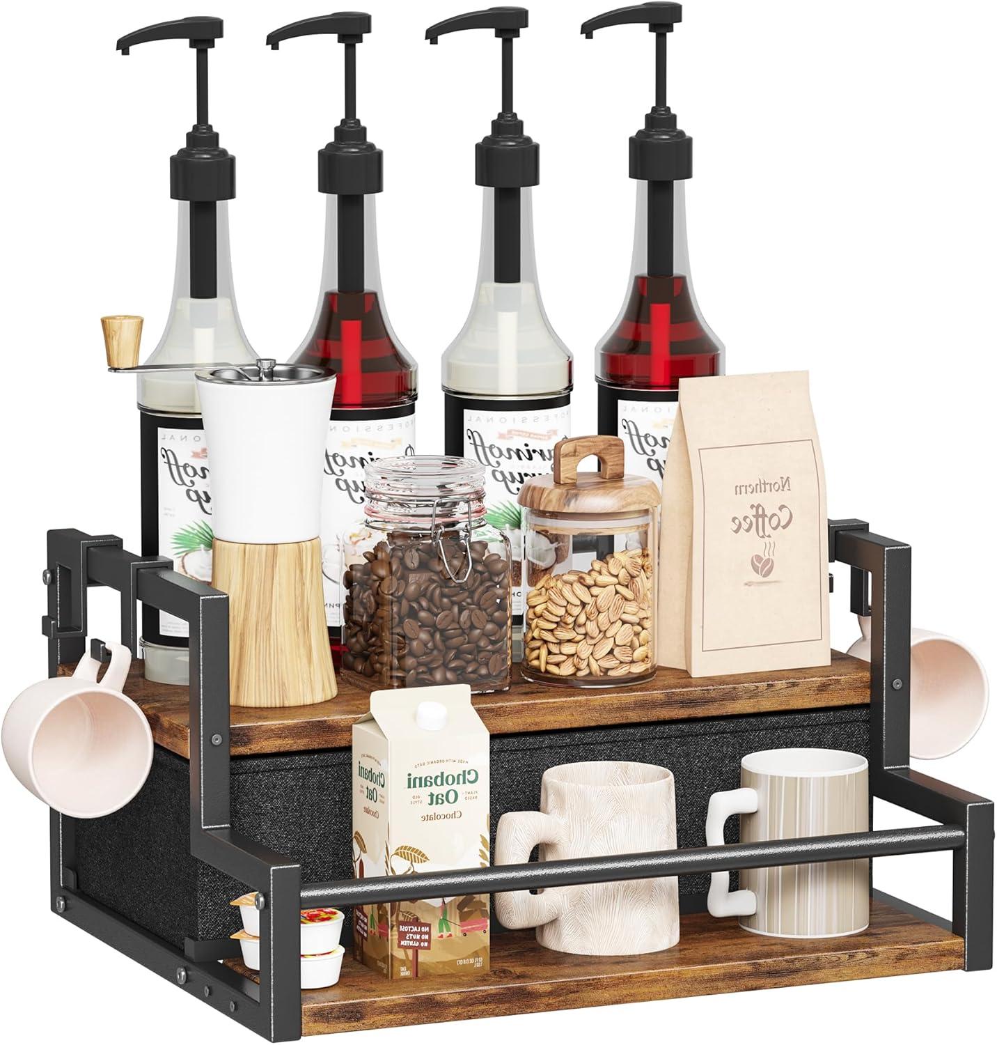 imageHomeiju Coffee Syrup Organizer Rack 2Tier Bottle Coffee Bar Accessories Holder Stand with K Cup Storage Drawer for Coffee bar Wine Rack Storage Shelves for Syrup BlackRustic Brown