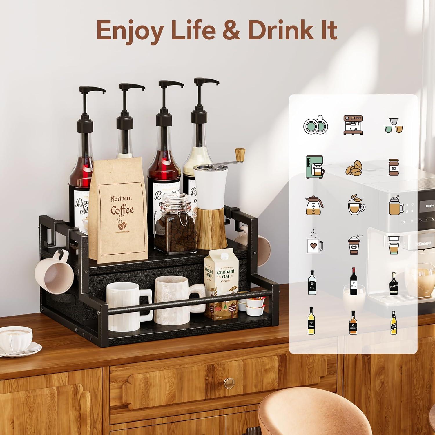 imageHomeiju Coffee Syrup Organizer Rack 2Tier Bottle Coffee Bar Accessories Holder Stand with K Cup Storage Drawer for Coffee bar Wine Rack Storage Shelves for Syrup BlackBlack